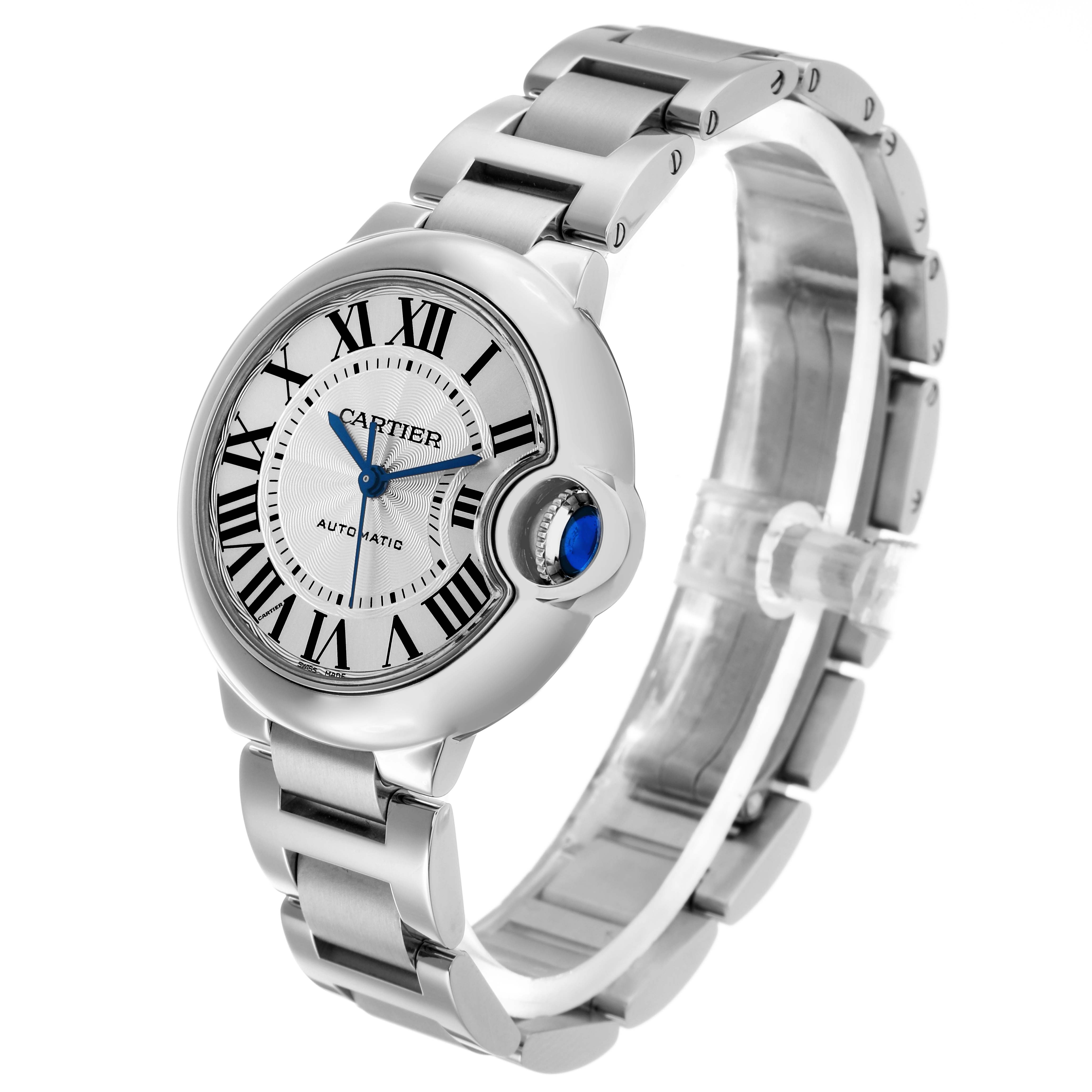 The Cartier Ballon Bleu WSBB0044 Women's Stainless Steel Silver Dial watch is shown at a three-quarter angle, highlighting the face, crown, and bracelet.