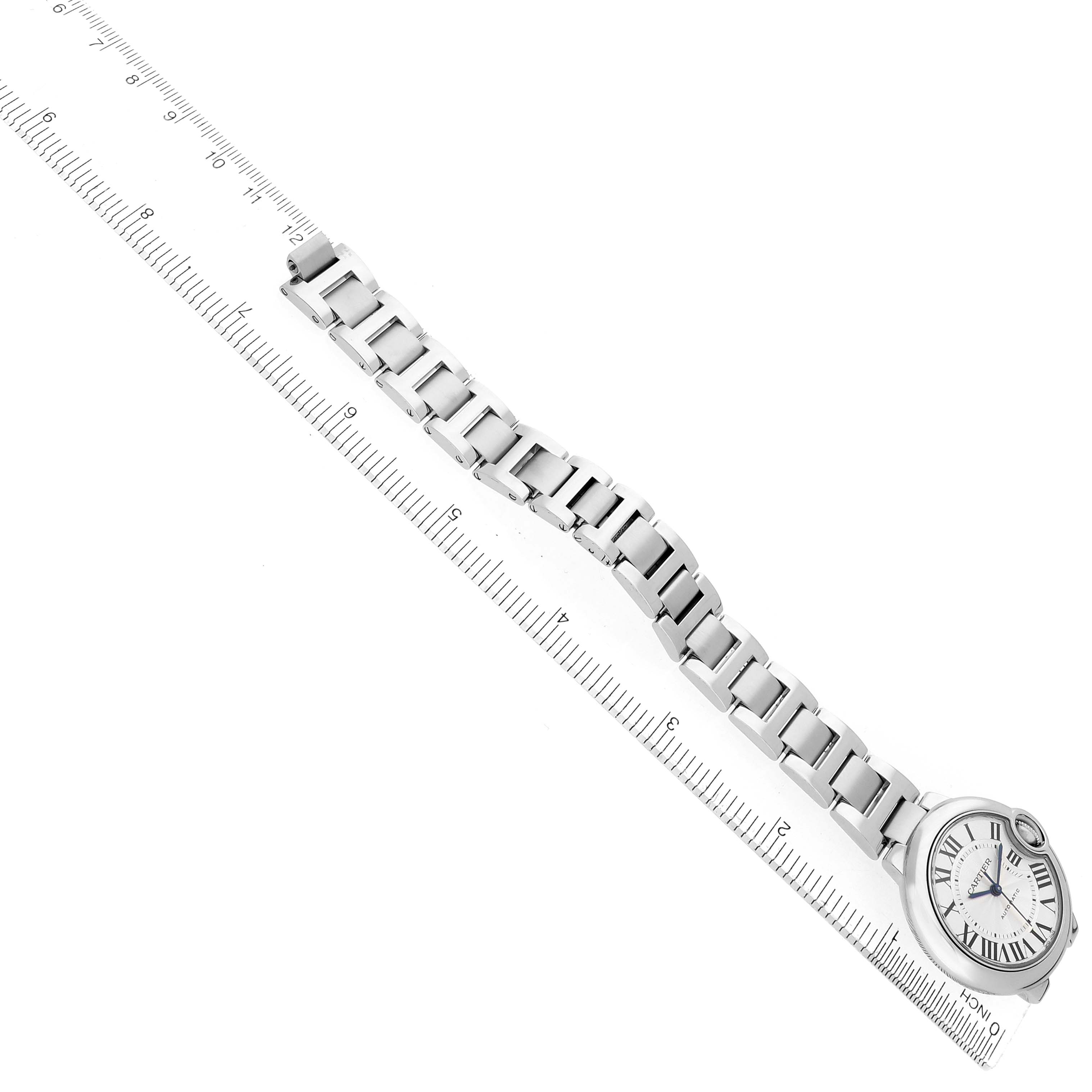 The Cartier Ballon Bleu WSBB0044 Women's Stainless Steel Silver Dial watch is shown flat with a focus on the full bracelet and dial at a slight angle.