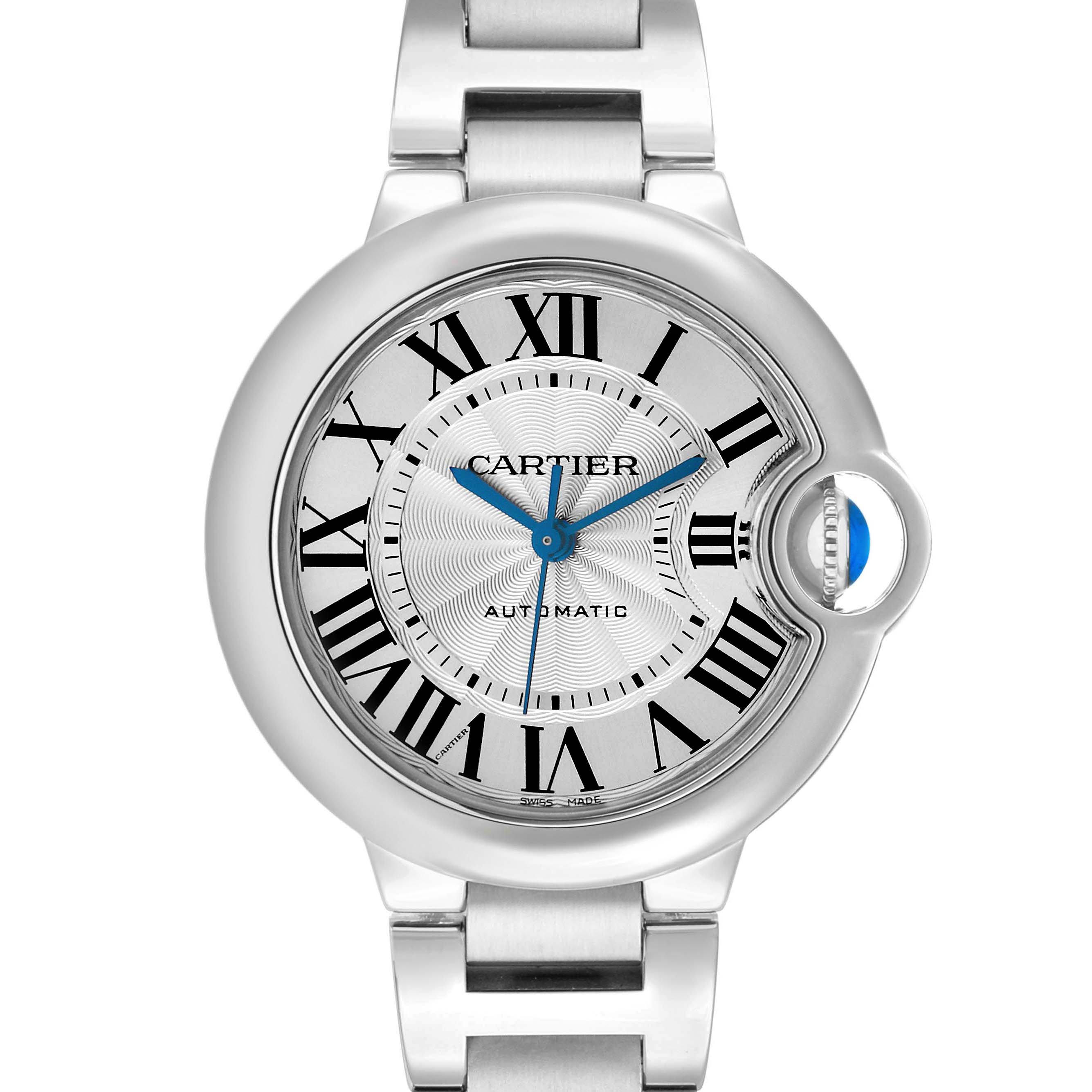 The Cartier Ballon Bleu WSBB0044 Women's Stainless Steel Silver Dial watch is shown from the front, highlighting the face, Roman numerals, hands, and crown.
