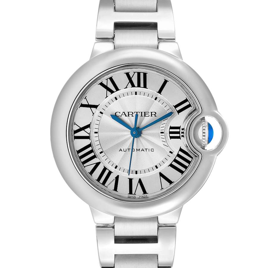 The Cartier Ballon Bleu WSBB0044 Women's Stainless Steel Silver Dial watch is shown from the front, highlighting the face, Roman numerals, hands, and crown.