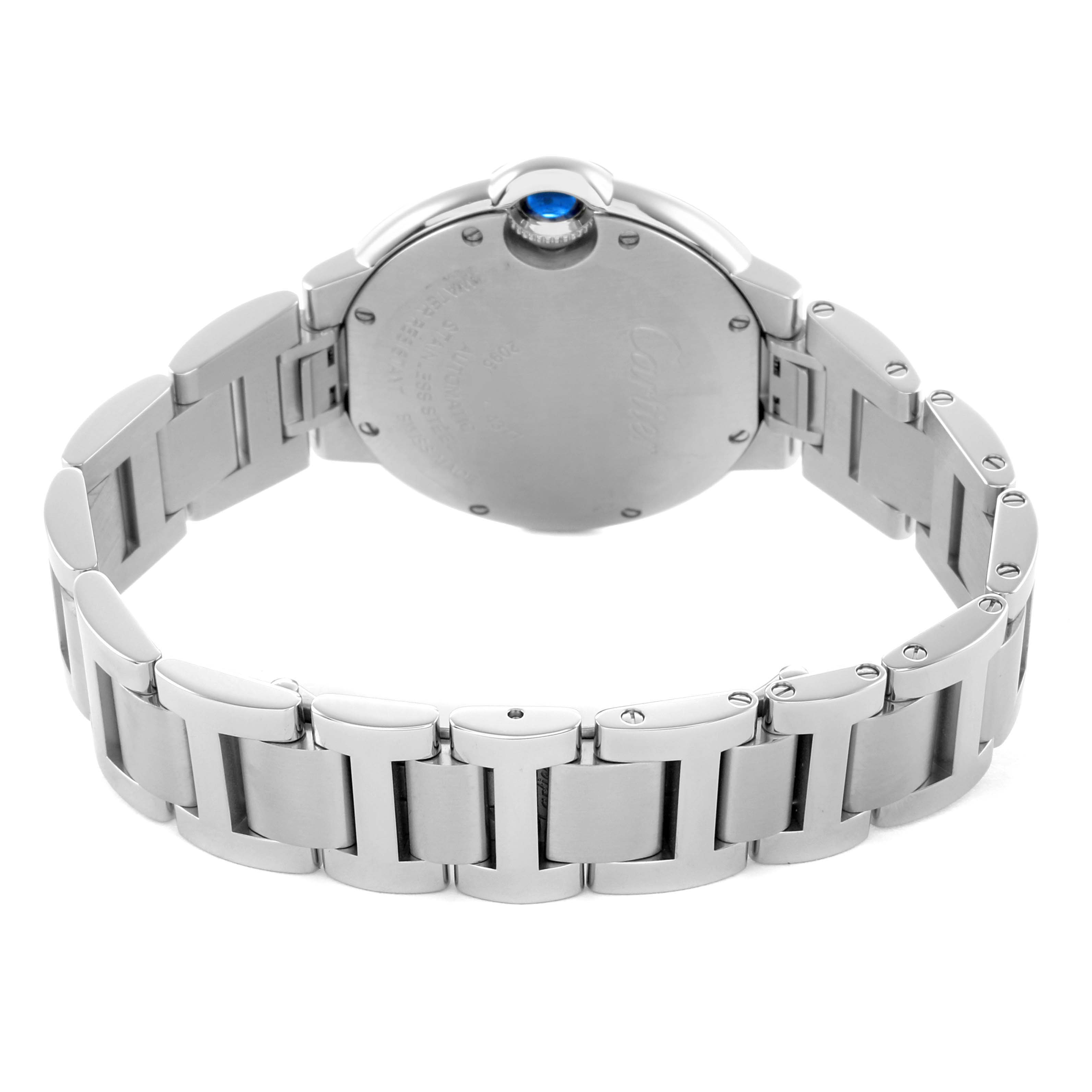This image shows the back and bracelet of a Cartier Ballon Bleu WSBB0044 Women's Stainless Steel Silver Dial watch at a rear angle, featuring its stainless steel band and crown.