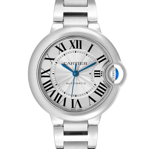The Cartier Ballon Bleu WSBB0044 Women's Stainless Steel Silver Dial watch is shown from a front angle, highlighting its face, Roman numerals, and blue hands.