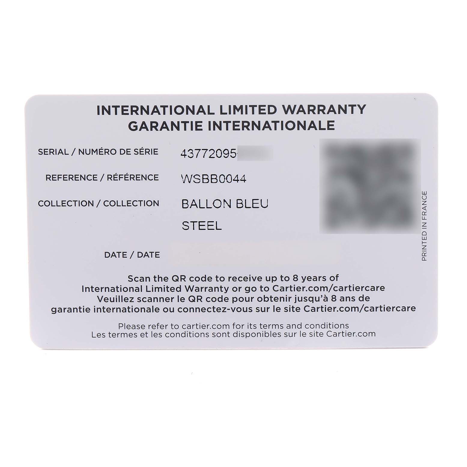 The image shows an International Limited Warranty card for the Cartier Ballon Bleu WSBB0044 Women's Stainless Steel Silver Dial watch.