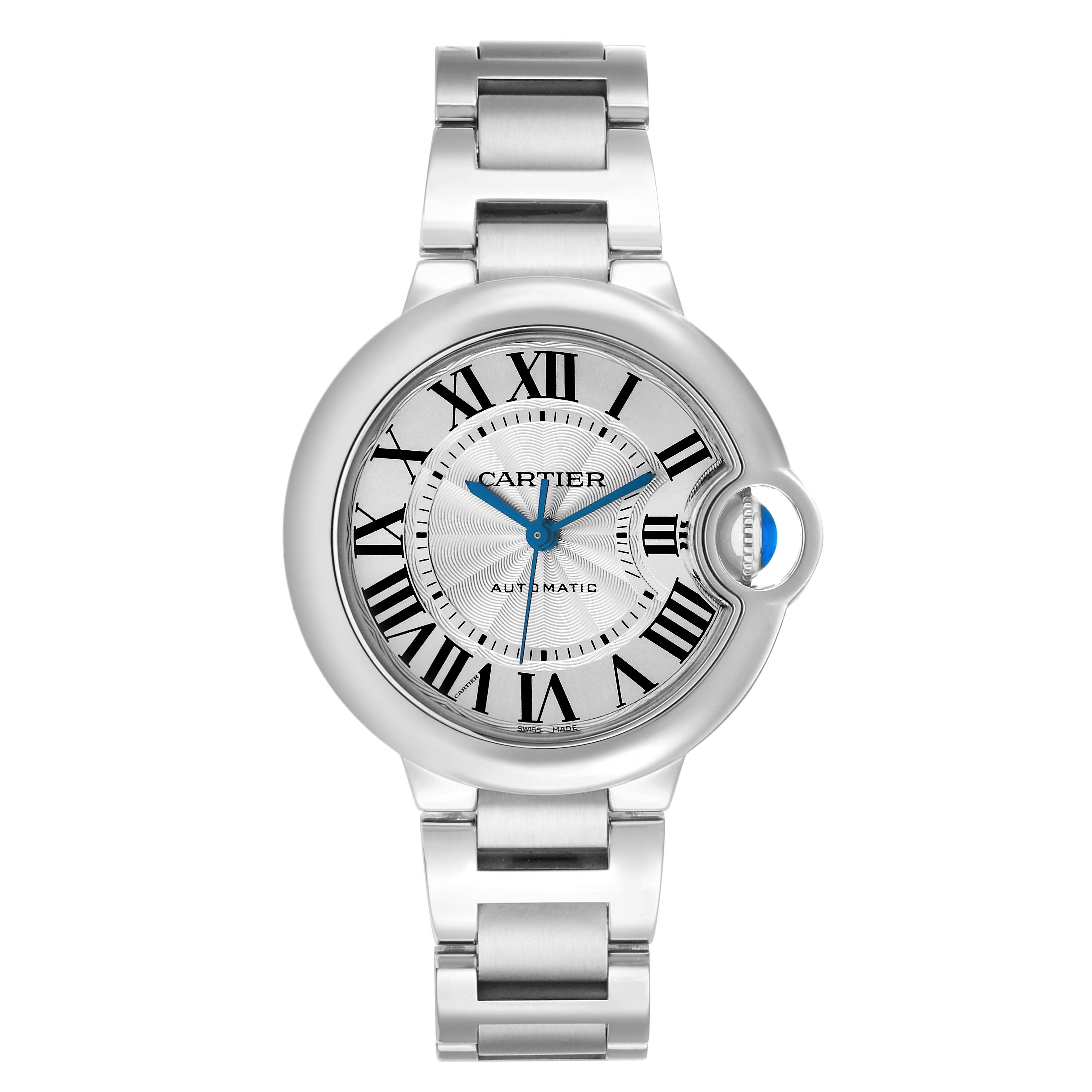 The Cartier Ballon Bleu WSBB0044 Women's Stainless Steel Silver Dial watch is shown from a top-down angle, featuring its dial, Roman numerals, blue hands, and metal bracelet.