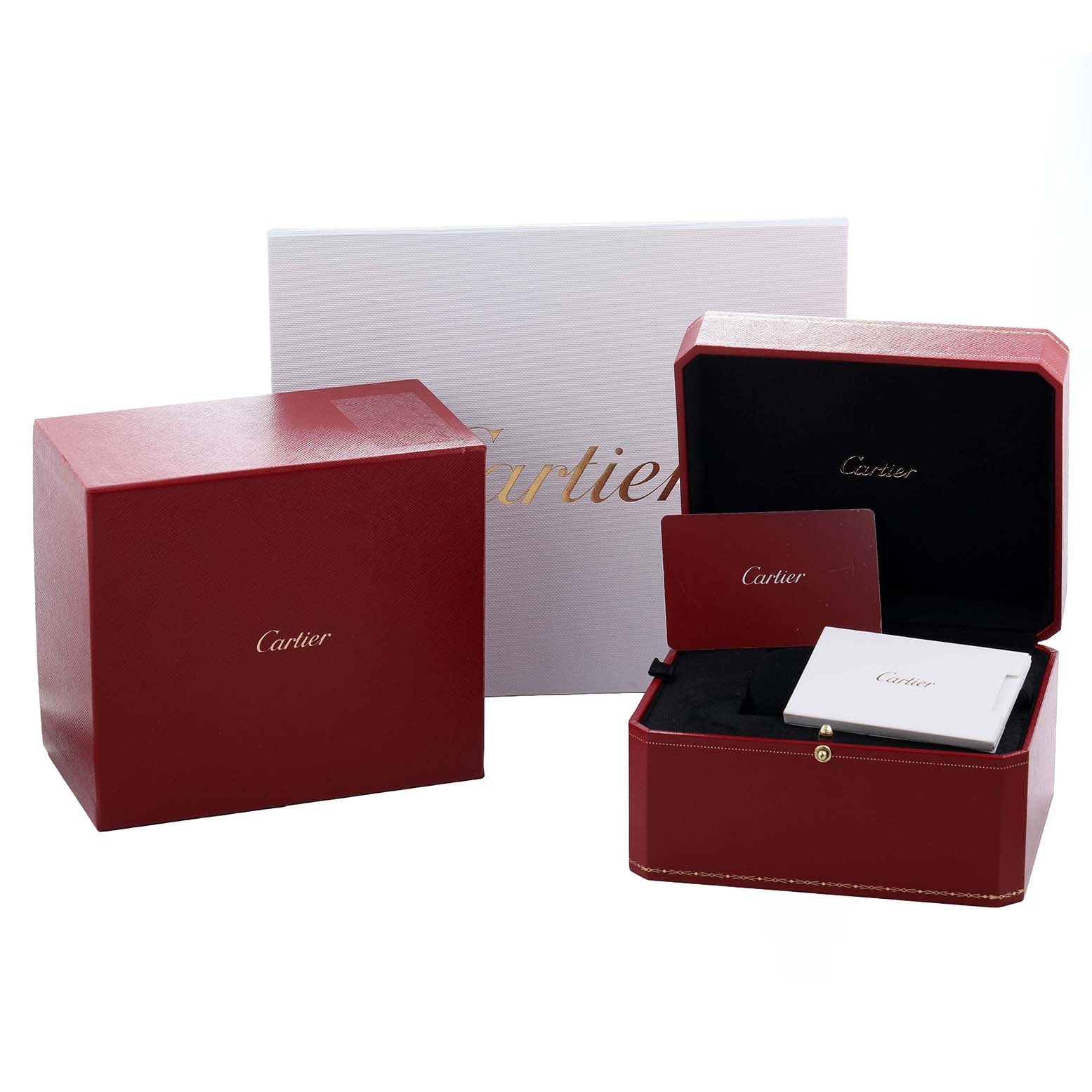 The image shows Cartier Ballon Bleu WSBB0044 Women's Stainless Steel Silver Dial watch packaging, including a red box, booklet, and warranty card in an open display.