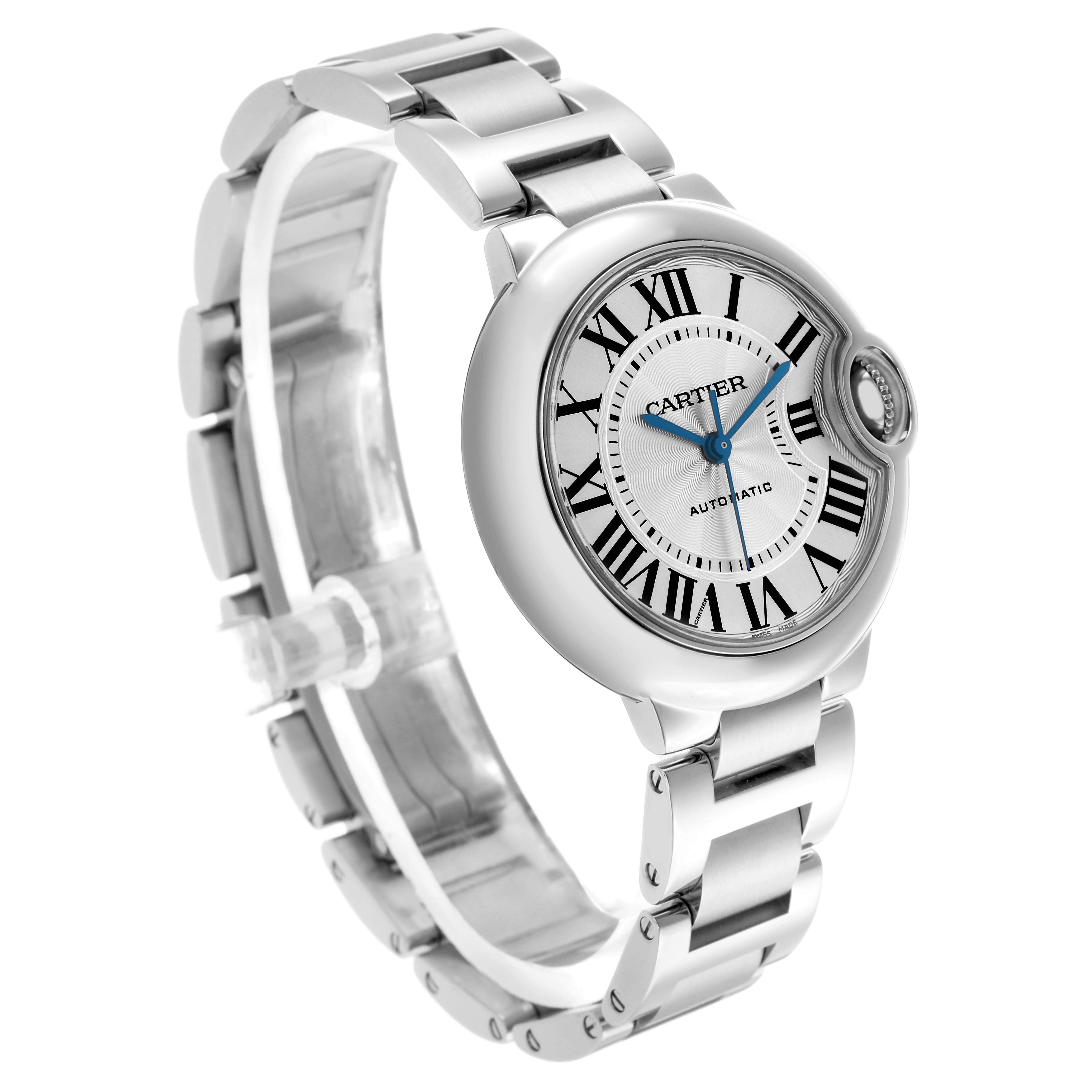 The Cartier Ballon Bleu WSBB0044 Women's Stainless Steel Silver Dial watch is shown at a slight angle, highlighting the face, bracelet, and distinctive crown.