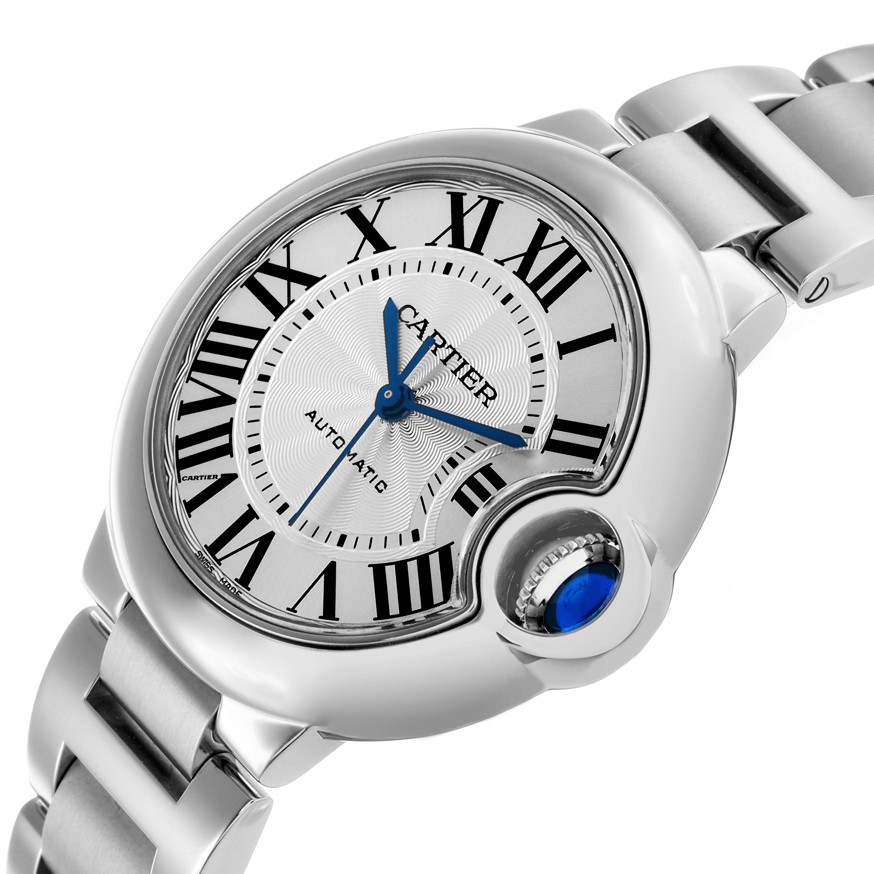 The Cartier Ballon Bleu WSBB0044 Women's Stainless Steel Silver Dial watch is shown at a slight side angle, featuring its dial, crown with blue cabochon, and part of the bracelet.