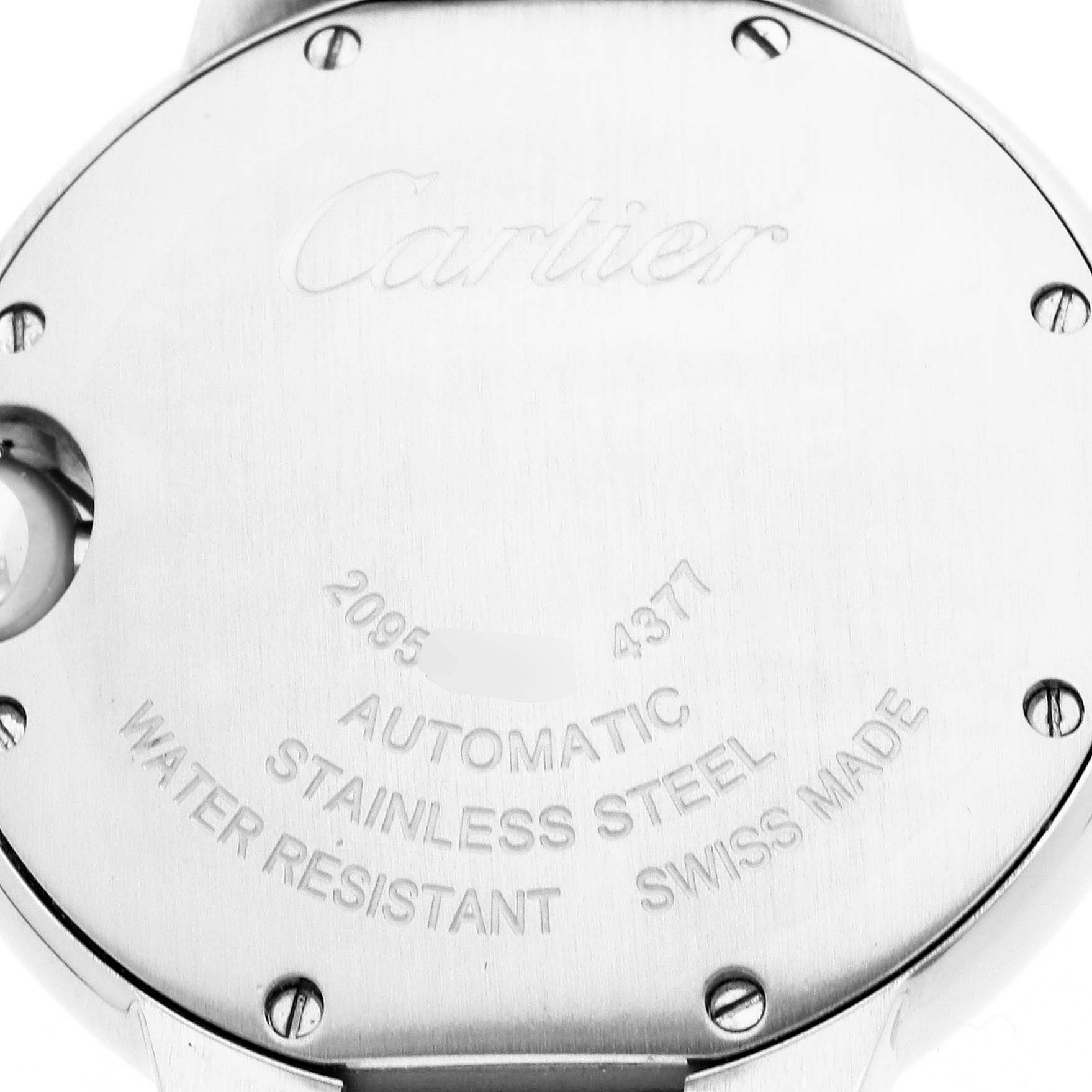 The image shows the back casing of a Cartier Ballon Bleu WSBB0044 Women's Stainless Steel Silver Dial watch, highlighting its stainless steel material and engravings.