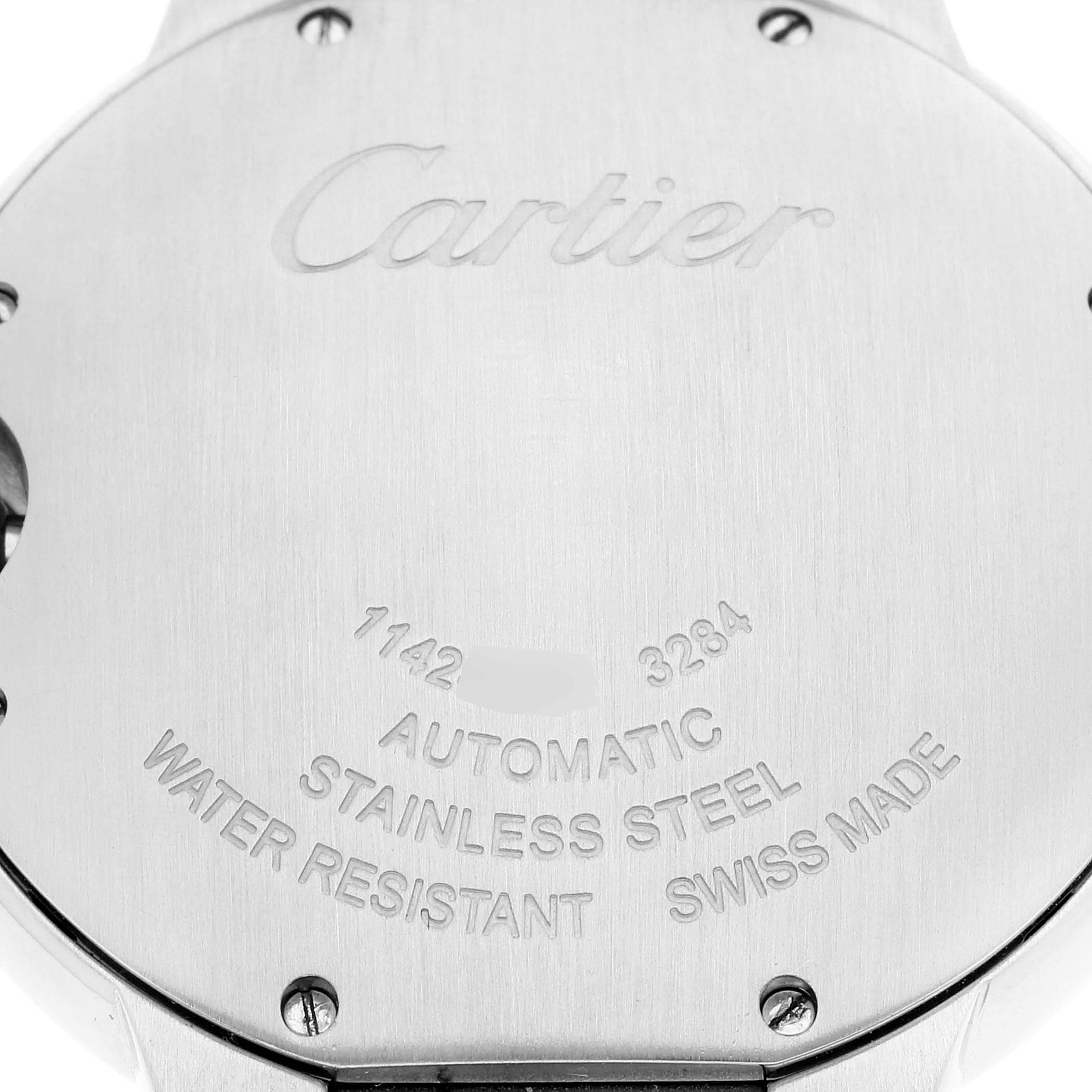 The image shows the back case of a Ballon Bleu model by Cartier, featuring engraved brand details and specifications.