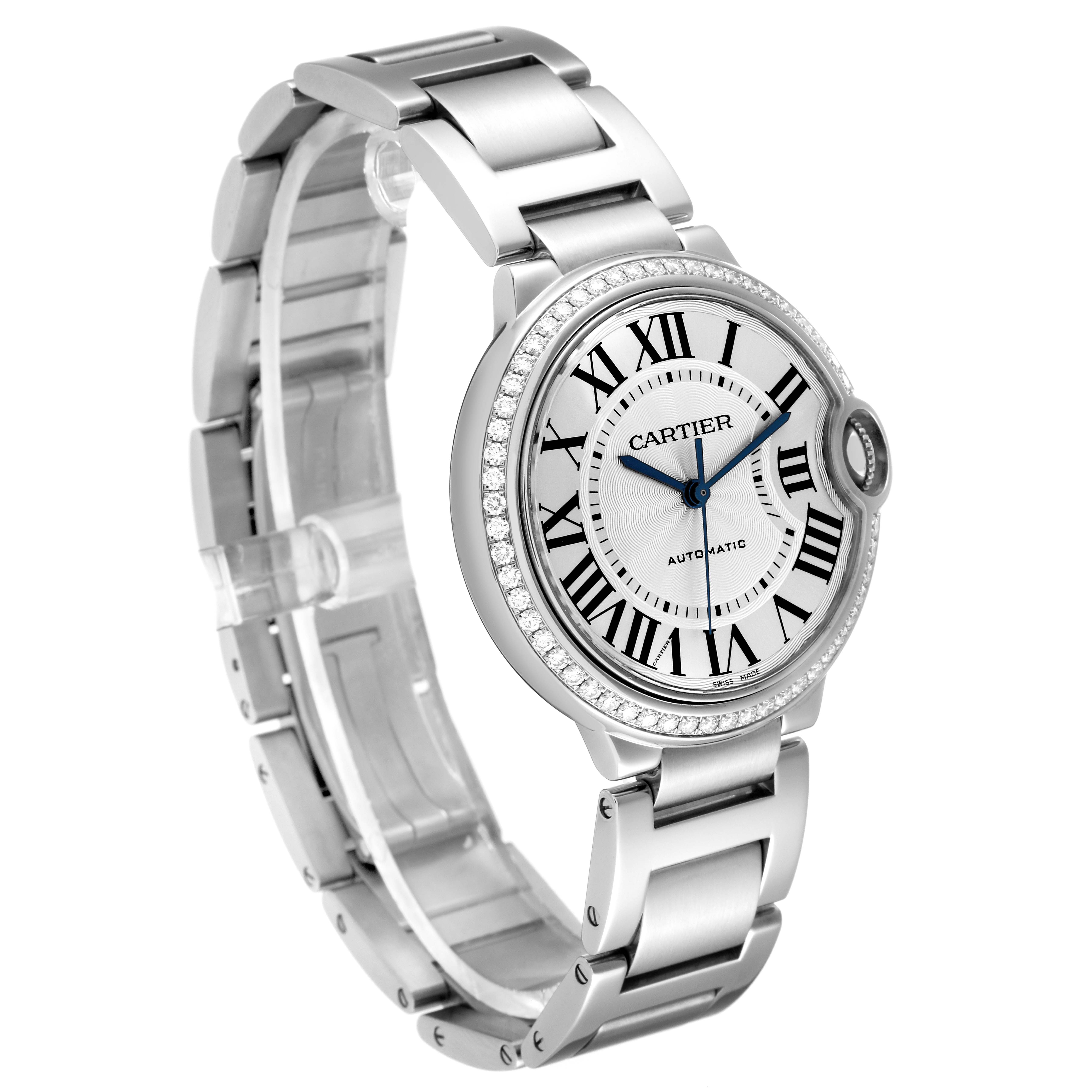 The Cartier Ballon Bleu W4BB0017 Men
s Stainless Steel Silver Dial W4BB0017 Men
s Stainless Steel Silver Dial watch is shown at a three-quarter angle, displaying its round face, Roman numerals, and metal bracelet.