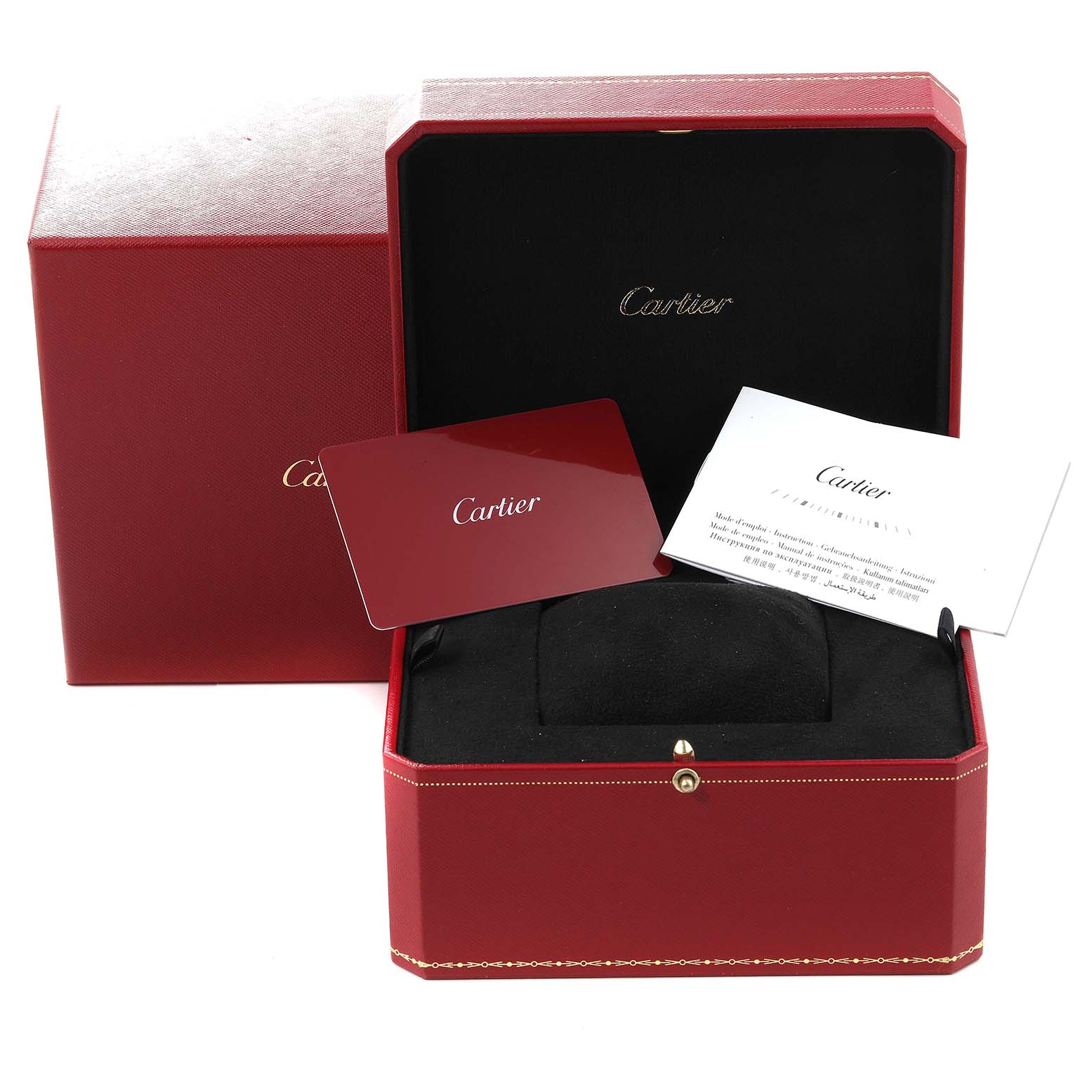 The image shows an open Cartier Ballon Bleu W4BB0017 Men
s Stainless Steel Silver Dial W4BB0017 Men
s Stainless Steel Silver Dial watch box, including the red outer box, inner cushion, and warranty card.