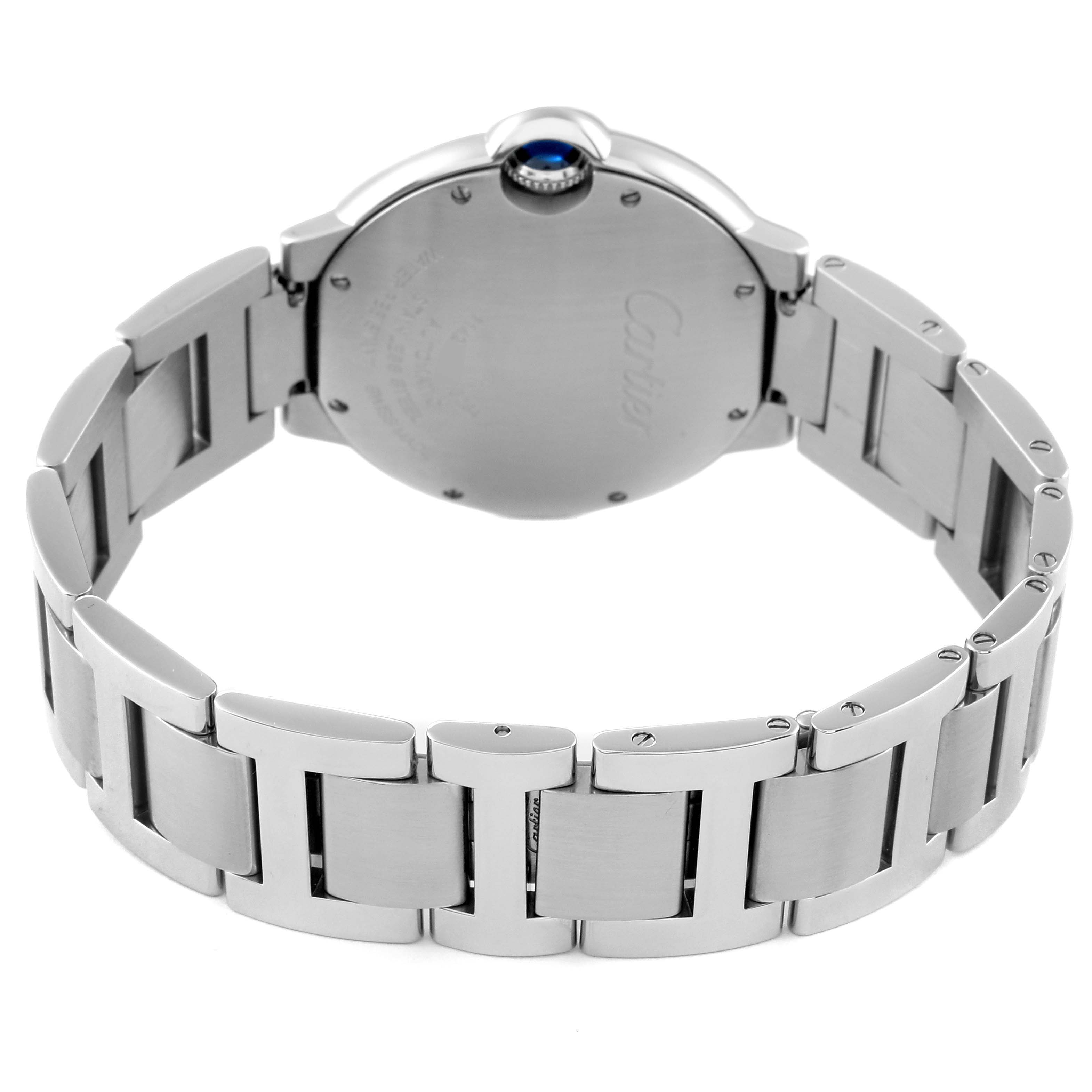 The image shows the back view of a Cartier Ballon Bleu W4BB0017 Men
s Stainless Steel Silver Dial W4BB0017 Men
s Stainless Steel Silver Dial watch, highlighting its metal bracelet and caseback.