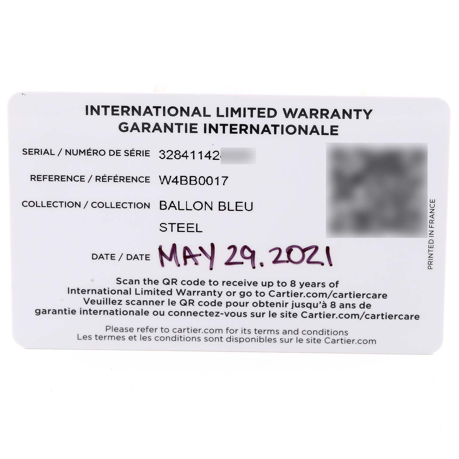 The image shows the warranty card for the Cartier Ballon Bleu W4BB0017 Men
s Stainless Steel Silver Dial W4BB0017 Men
s Stainless Steel Silver Dial model watch.