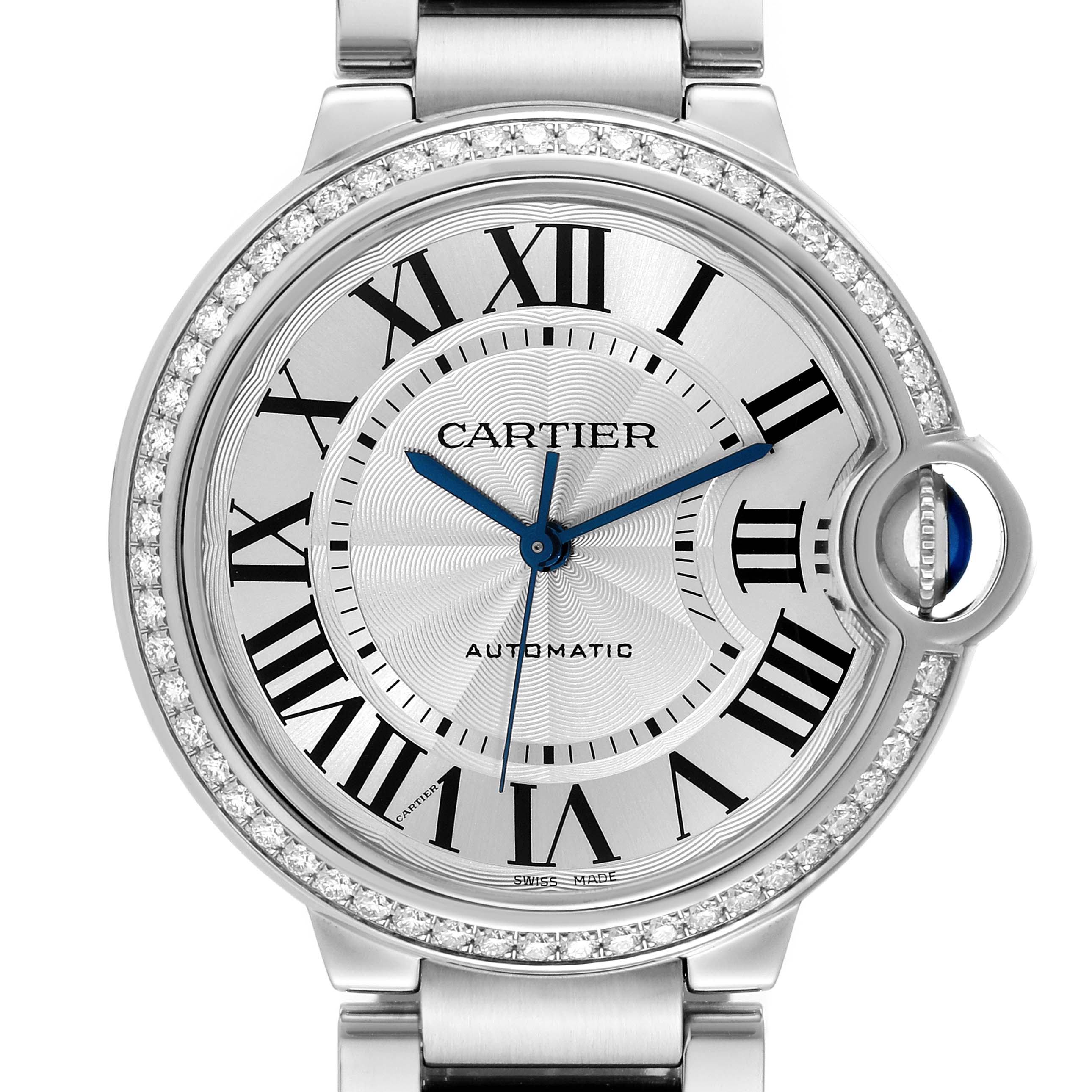 This image shows a close-up of the Cartier Ballon Bleu W4BB0017 Men
s Stainless Steel Silver Dial W4BB0017 Men
s Stainless Steel Silver Dial watch face, highlighting its Roman numerals, blue hands, and diamond-encrusted bezel.