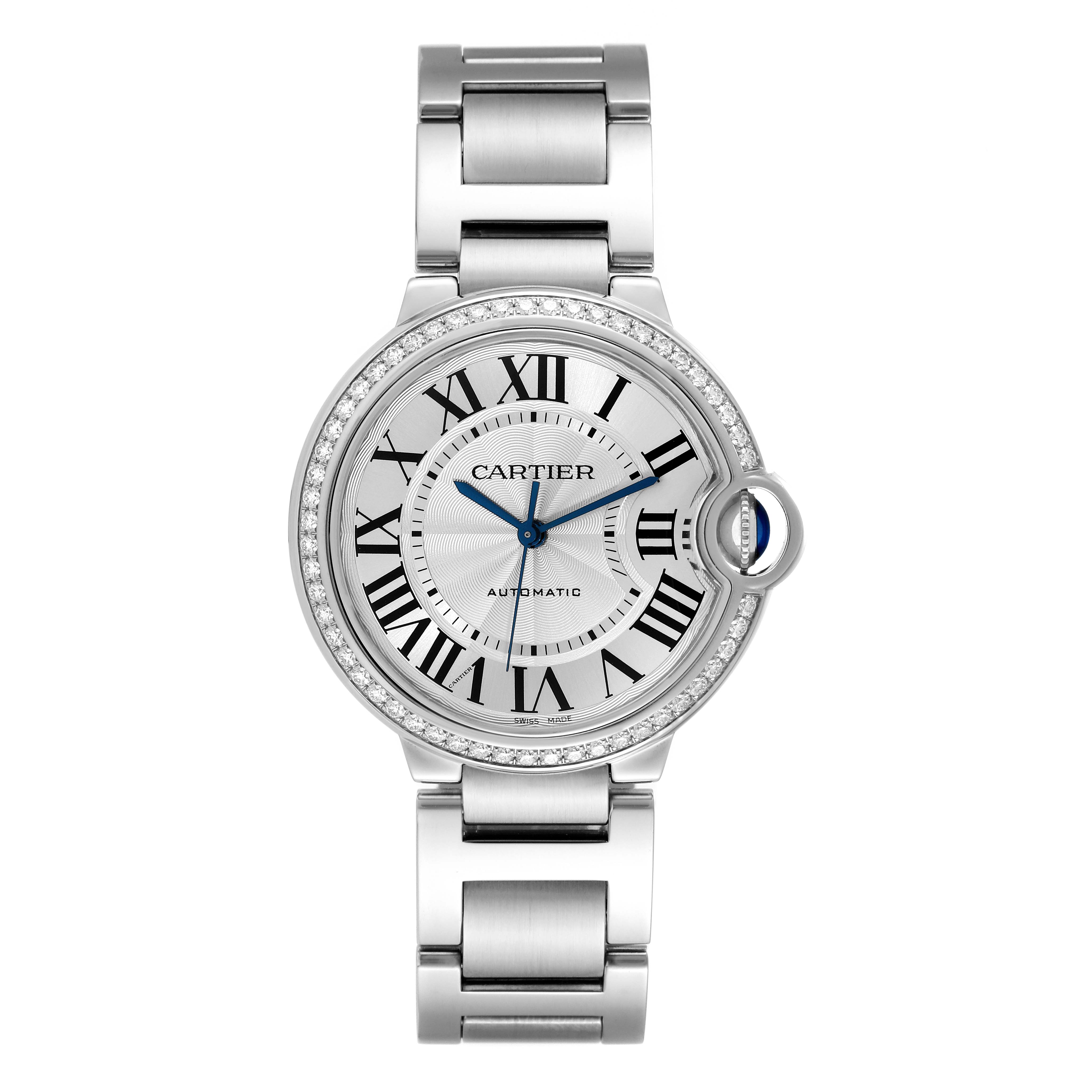 The image shows a frontal view of the Ballon Bleu model watch by Cartier, displaying its face and metal bracelet.