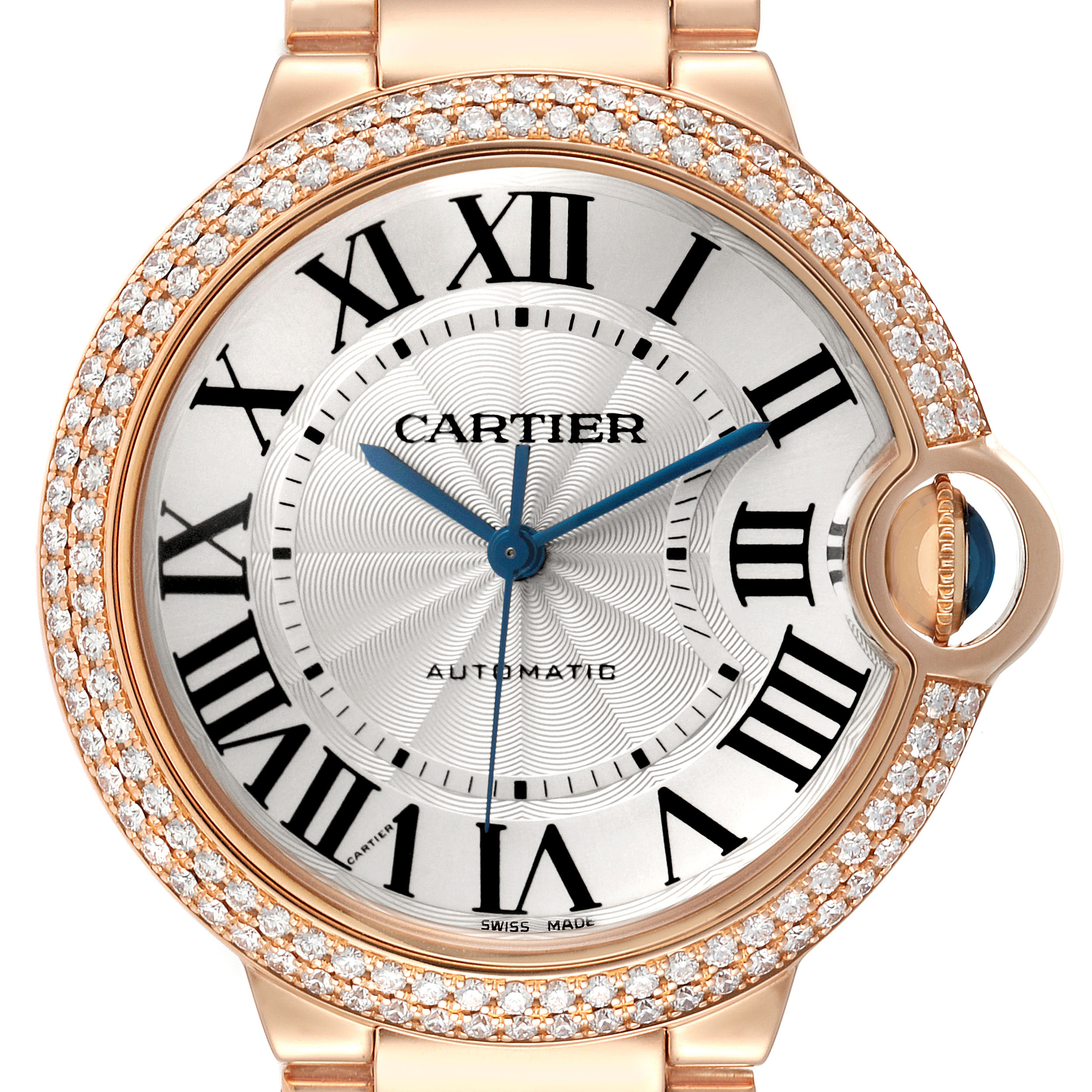 The Cartier Ballon Bleu WE9005Z3 Women's Rose Gold Silver Dial watch is shown from the front, highlighting its face, Roman numerals, and diamond-studded bezel.