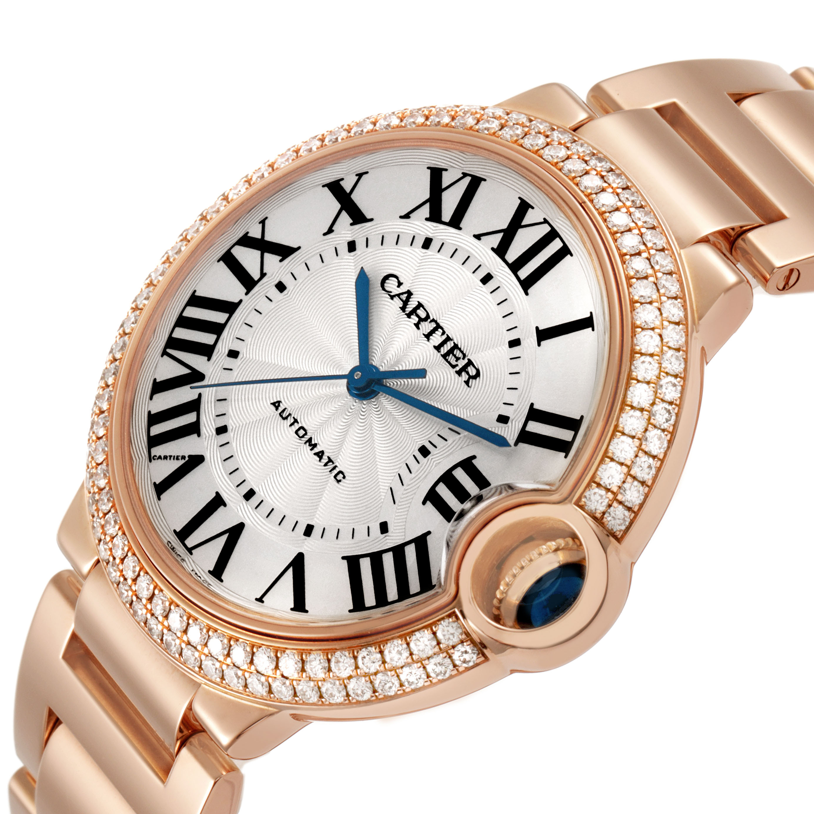 The Cartier Ballon Bleu WE9005Z3 Women's Rose Gold Silver Dial watch is shown from a semi-side angle, highlighting the face, bracelet, and signature crown with gemstone.