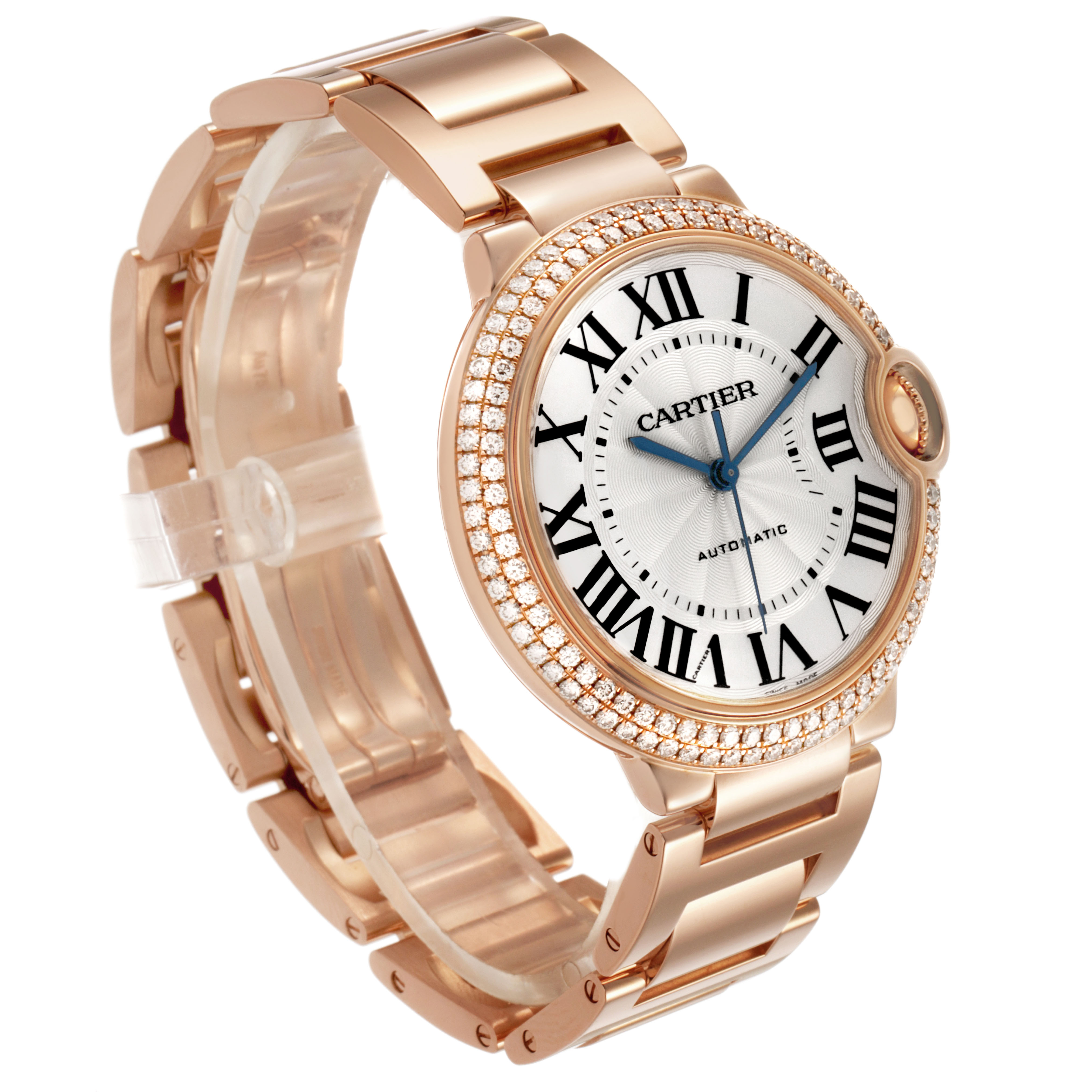 The Ballon Bleu by Cartier is shown at a three-quarter angle, highlighting the face, bezel with diamonds, and metal bracelet.
