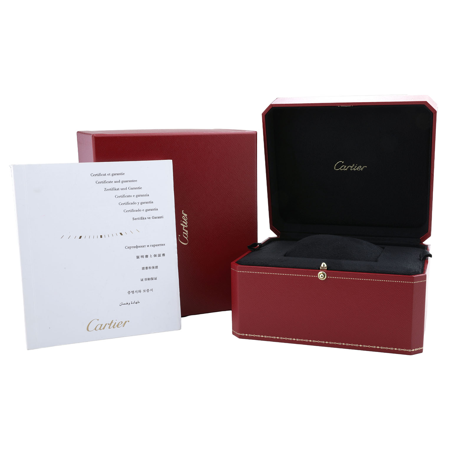 The image shows the packaging and documents for a Cartier Ballon Bleu WE9005Z3 Women's Rose Gold Silver Dial watch, including a red box and a certificate booklet.