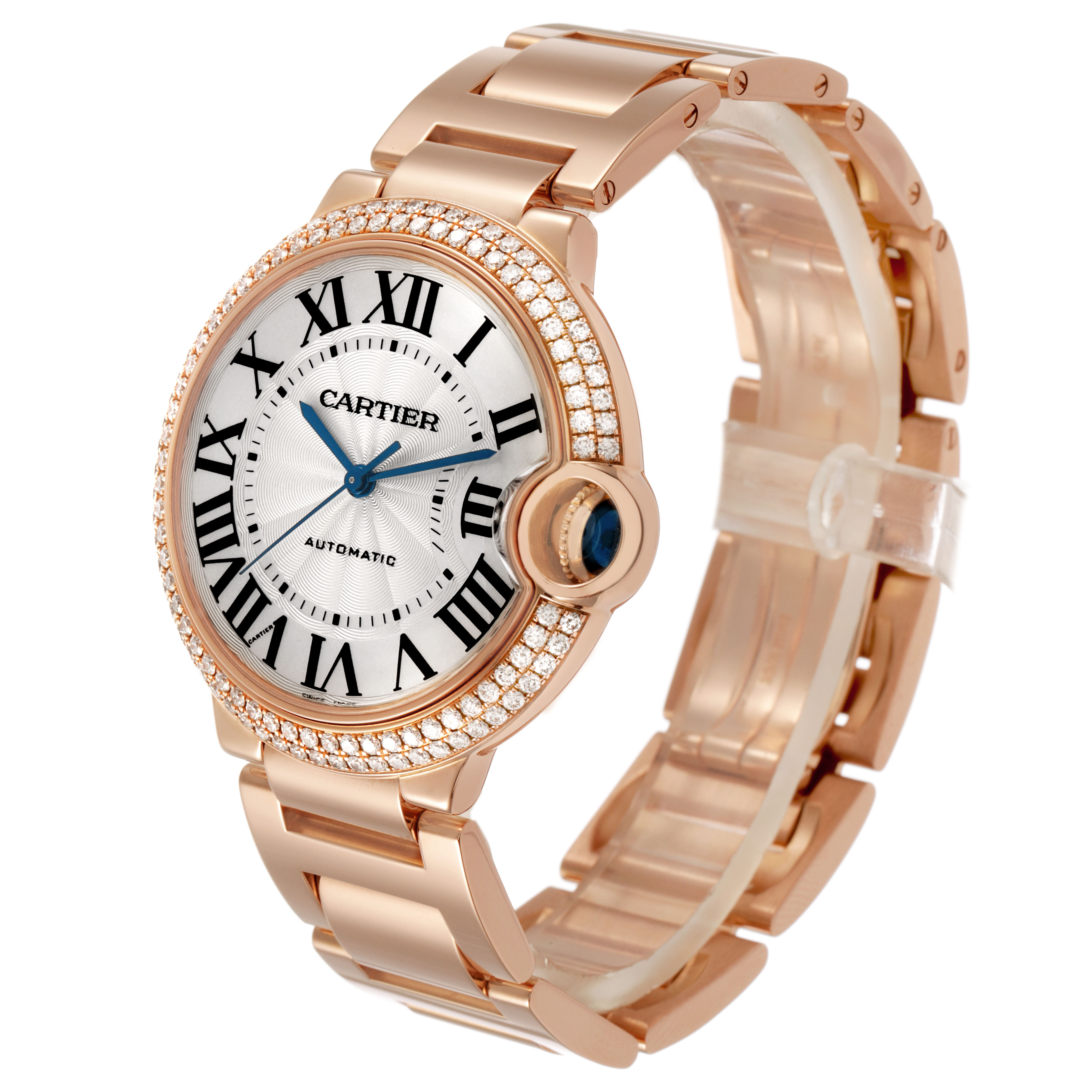 The Cartier Ballon Bleu WE9005Z3 Women's Rose Gold Silver Dial watch is shown at an angled side view, highlighting its face, crown, and bracelet.