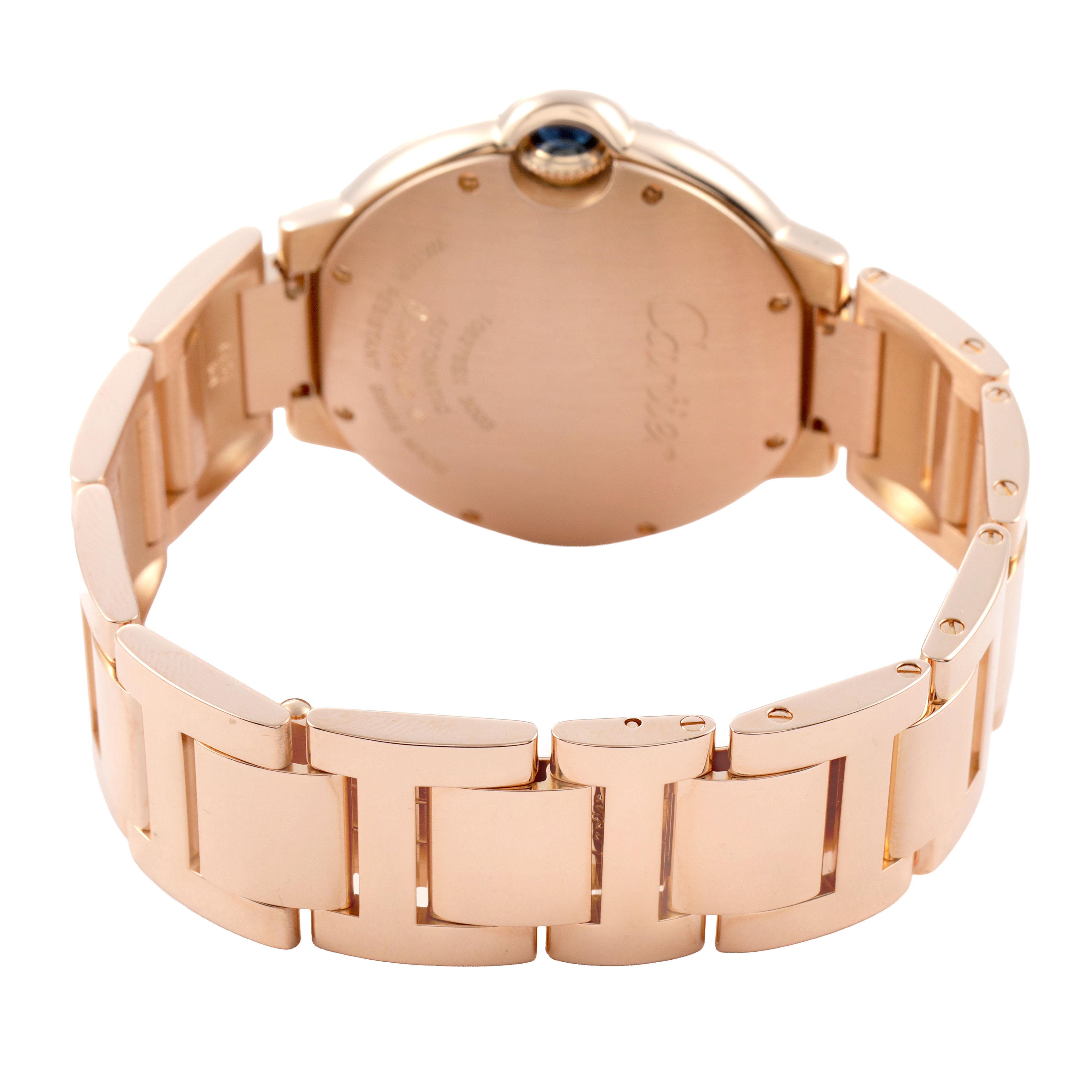 The image shows the back view of a Cartier Ballon Bleu WE9005Z3 Women's Rose Gold Silver Dial watch, highlighting the bracelet and case back.
