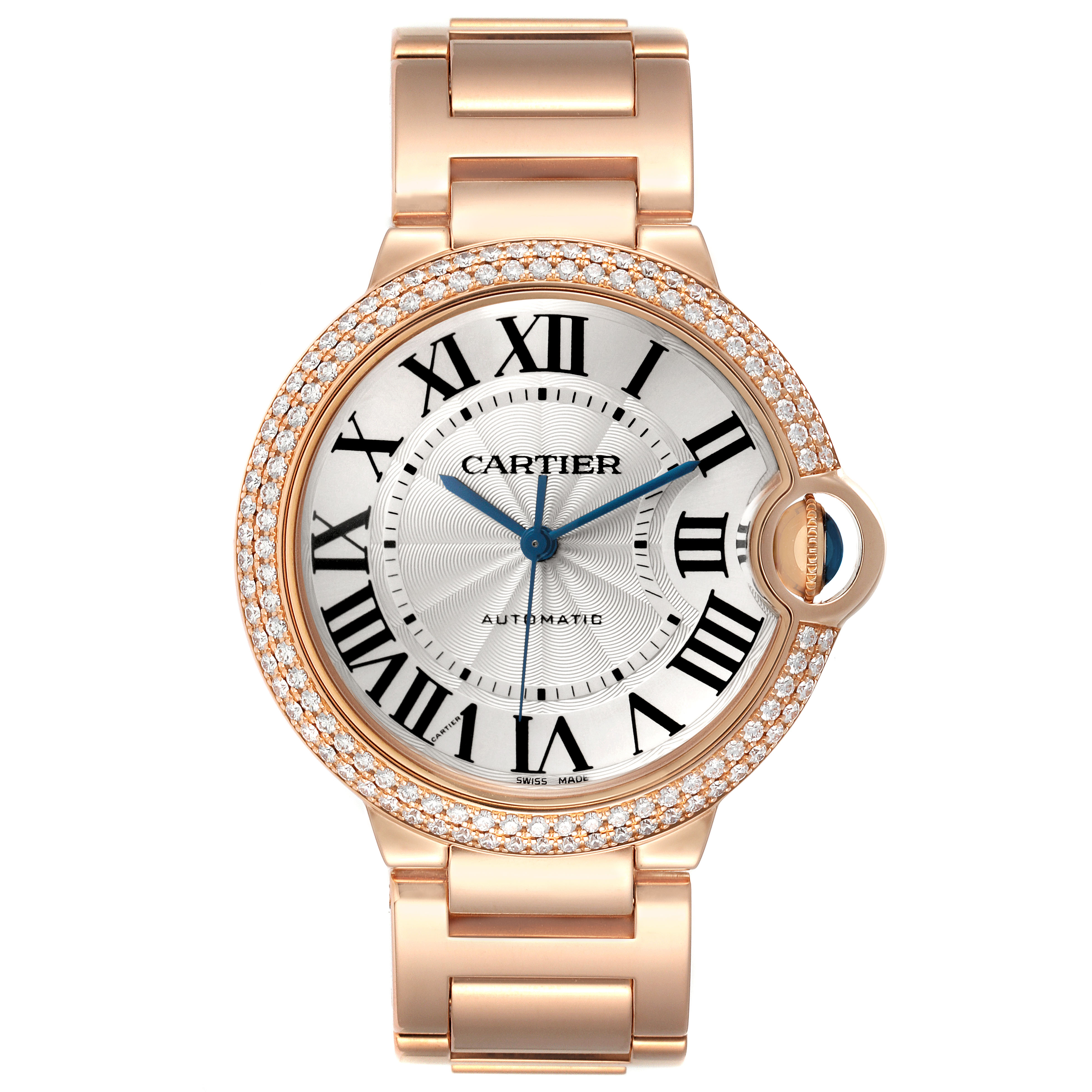 The Ballon Bleu de Cartier watch is shown from the front, highlighting its face, Roman numerals, bracelet, and diamond bezel.