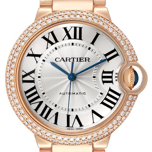 The Cartier Ballon Bleu WE9005Z3 Women's Rose Gold Silver Dial watch is shown from a front angle, highlighting its face, diamond-studded bezel, and crown detail.