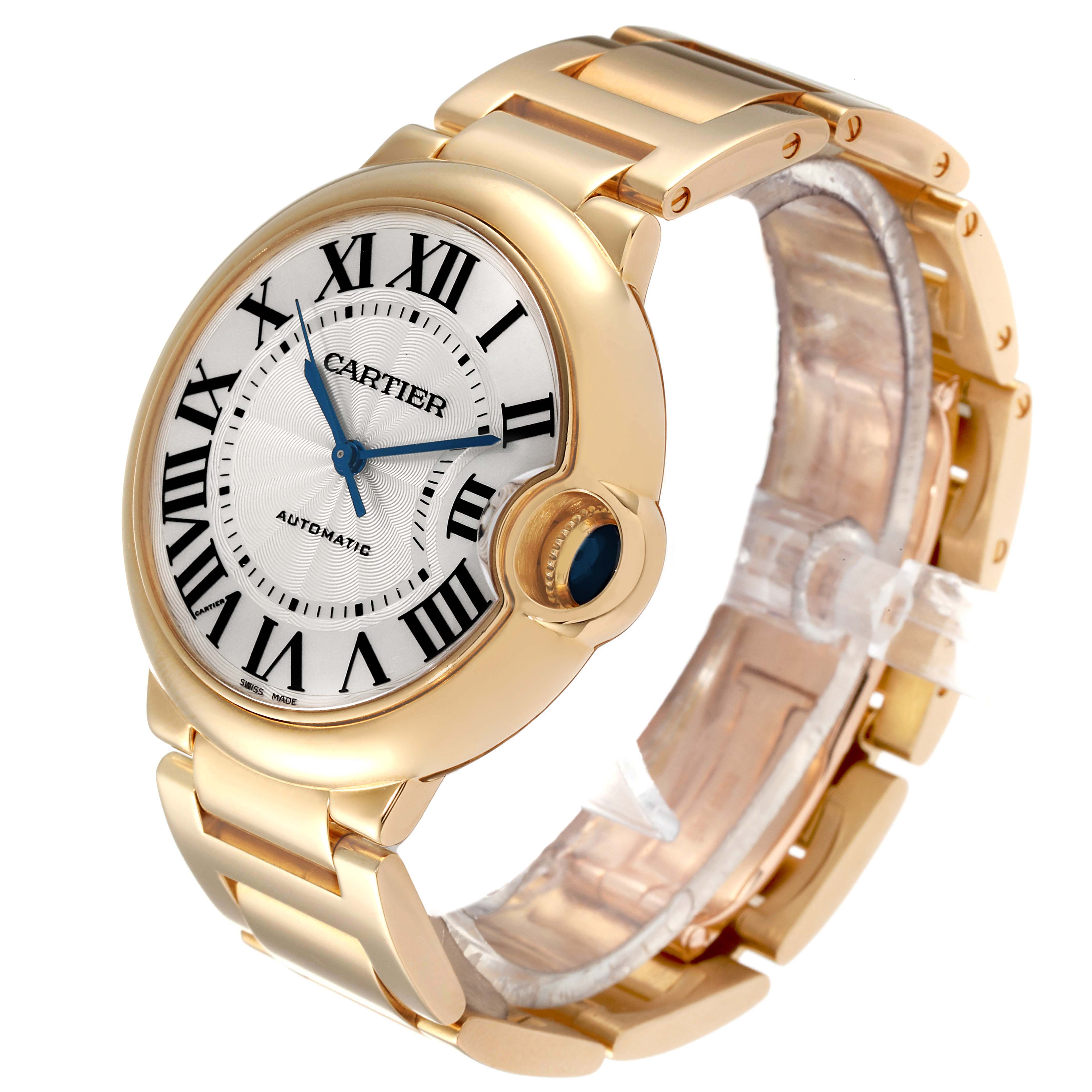 The image shows a side angle of the Cartier Ballon Bleu WGBB0046 Men's Yellow Gold Silver Dial WGBB0046 Men's Yellow Gold Silver Dial watch, highlighting its round case and bracelet.