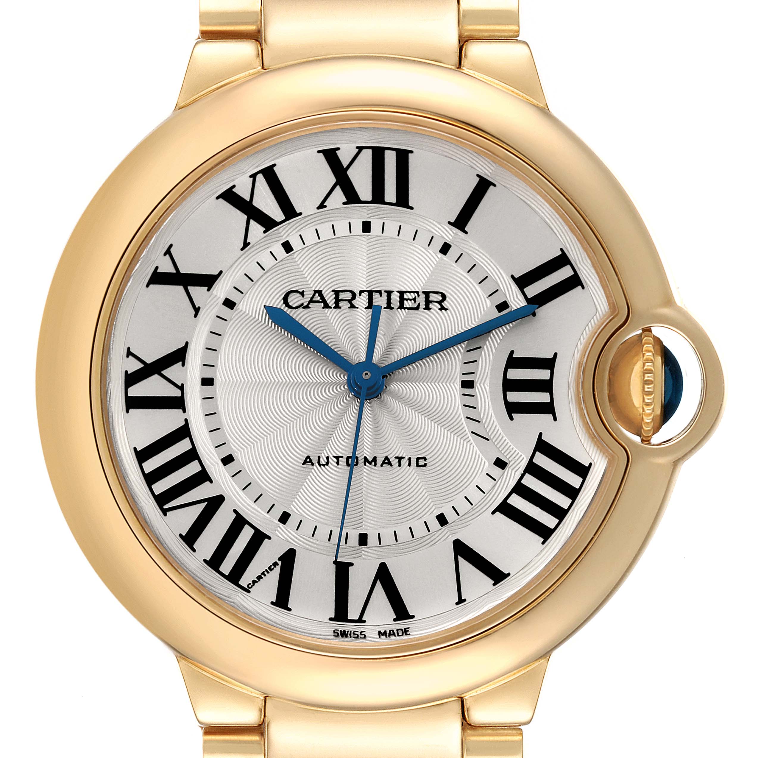 This image shows a frontal view of a Cartier Ballon Bleu WGBB0046 Men's Yellow Gold Silver Dial WGBB0046 Men's Yellow Gold Silver Dial watch, highlighting the dial, hands, and crown.