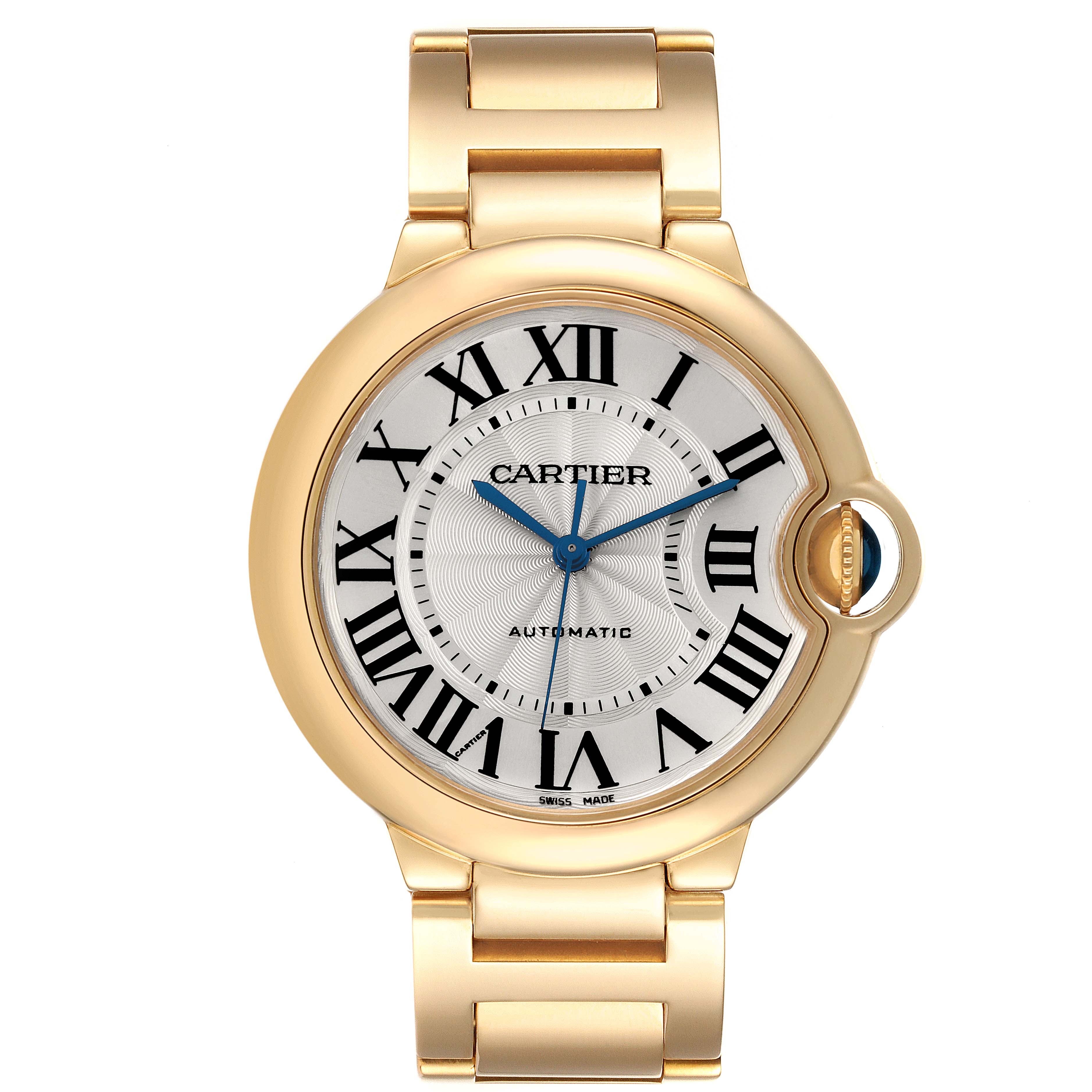 The image shows a front view of the Cartier Ballon Bleu WGBB0046 Men's Yellow Gold Silver Dial WGBB0046 Men's Yellow Gold Silver Dial watch, highlighting its face, bezel, and part of the bracelet.