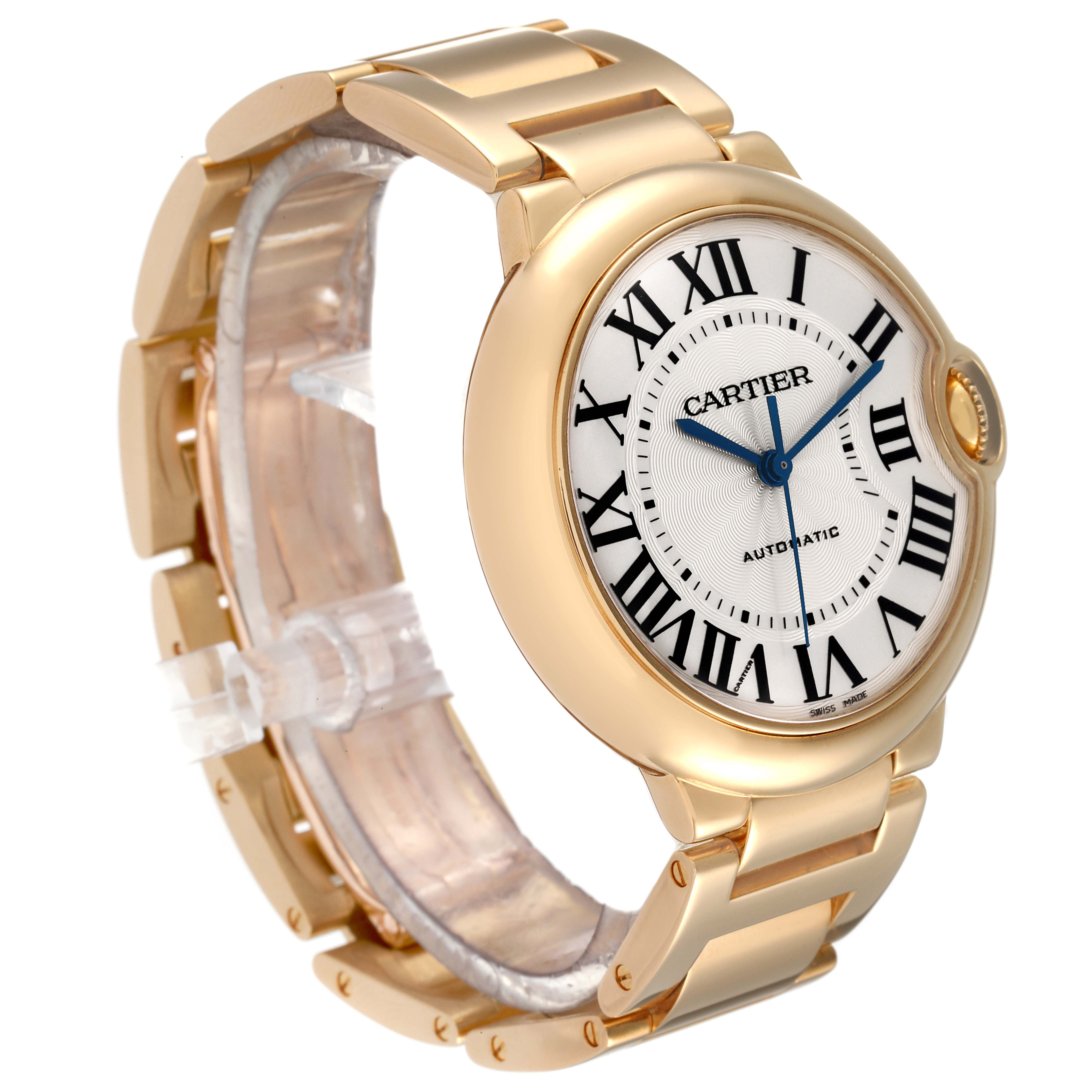The Cartier Ballon Bleu WGBB0046 Men's Yellow Gold Silver Dial WGBB0046 Men's Yellow Gold Silver Dial watch is shown at a side angle, displaying the face, strap, and clasp.
