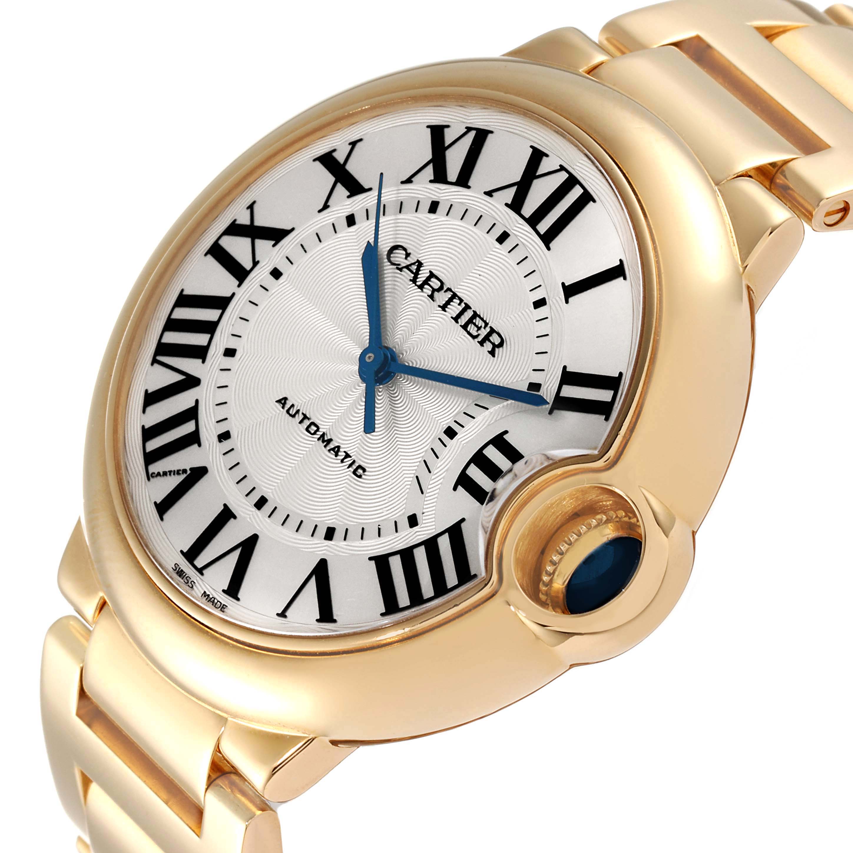 This image shows the face and side of the Cartier Ballon Bleu WGBB0046 Men's Yellow Gold Silver Dial WGBB0046 Men's Yellow Gold Silver Dial watch at an angled view, highlighting its dial and band.