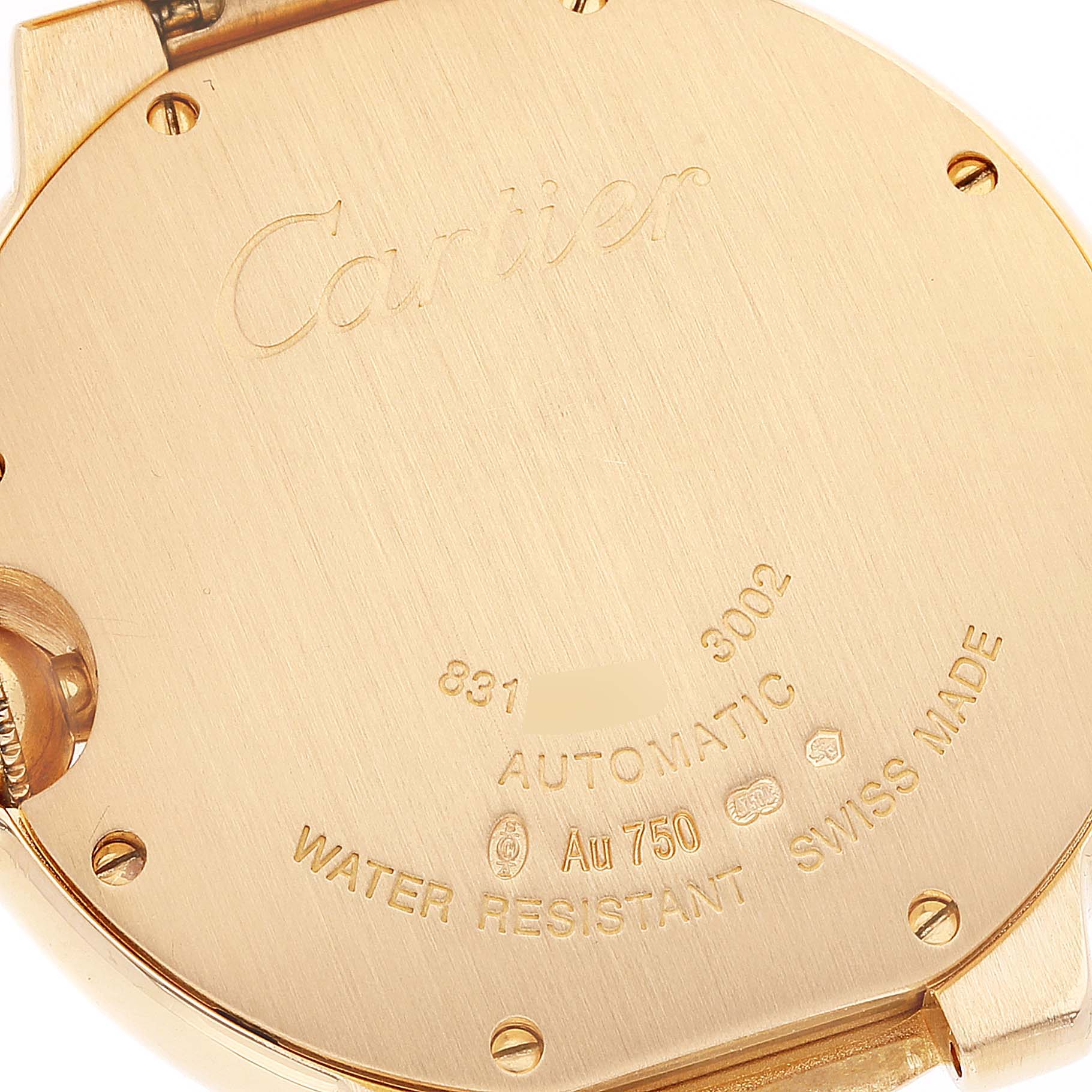 The image shows the back case of the Ballon Bleu model by Cartier, highlighting its engravings and construction.