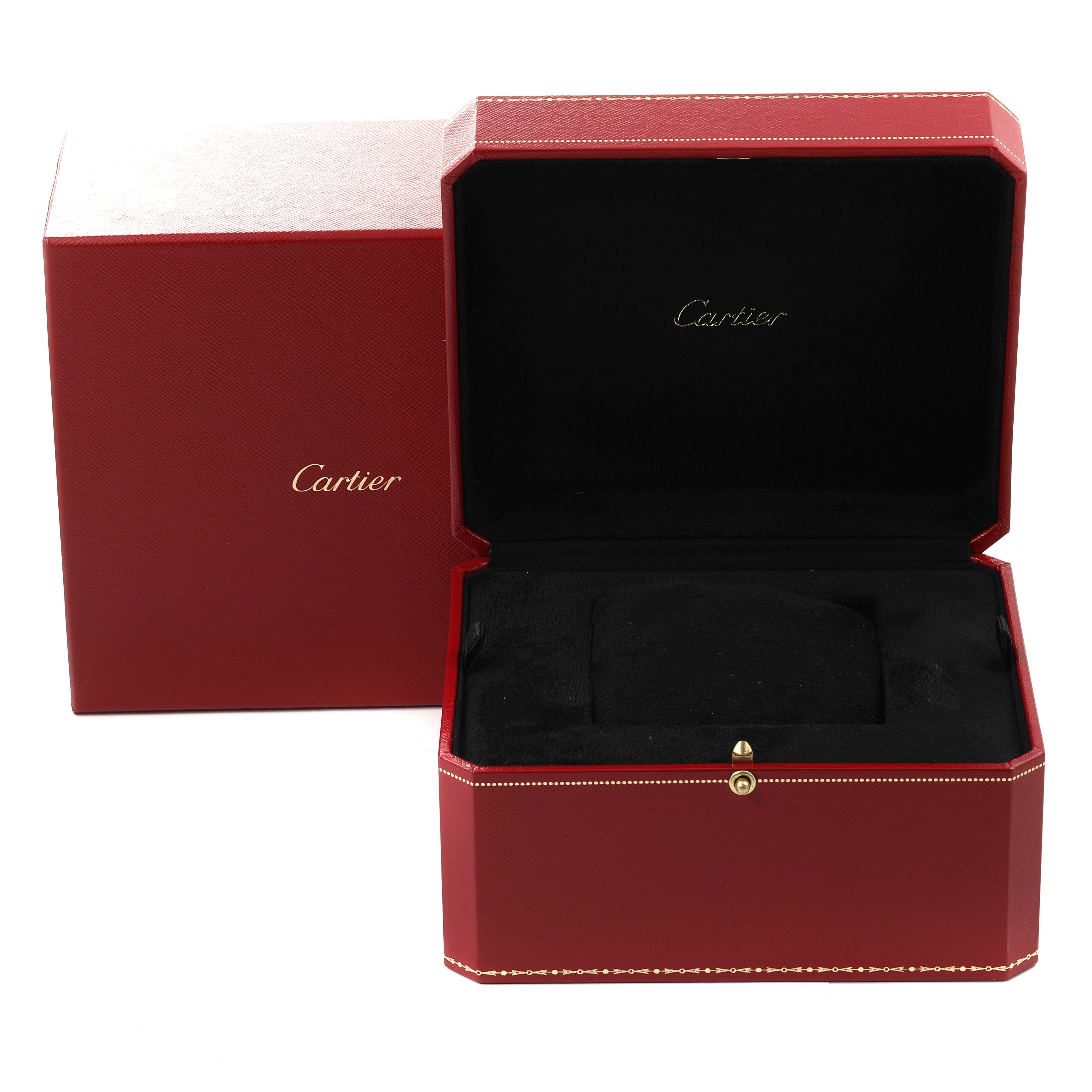 The image shows an open red Cartier box for the Ballon Bleu model, displaying the interior velvet cushion and Cartier branding.