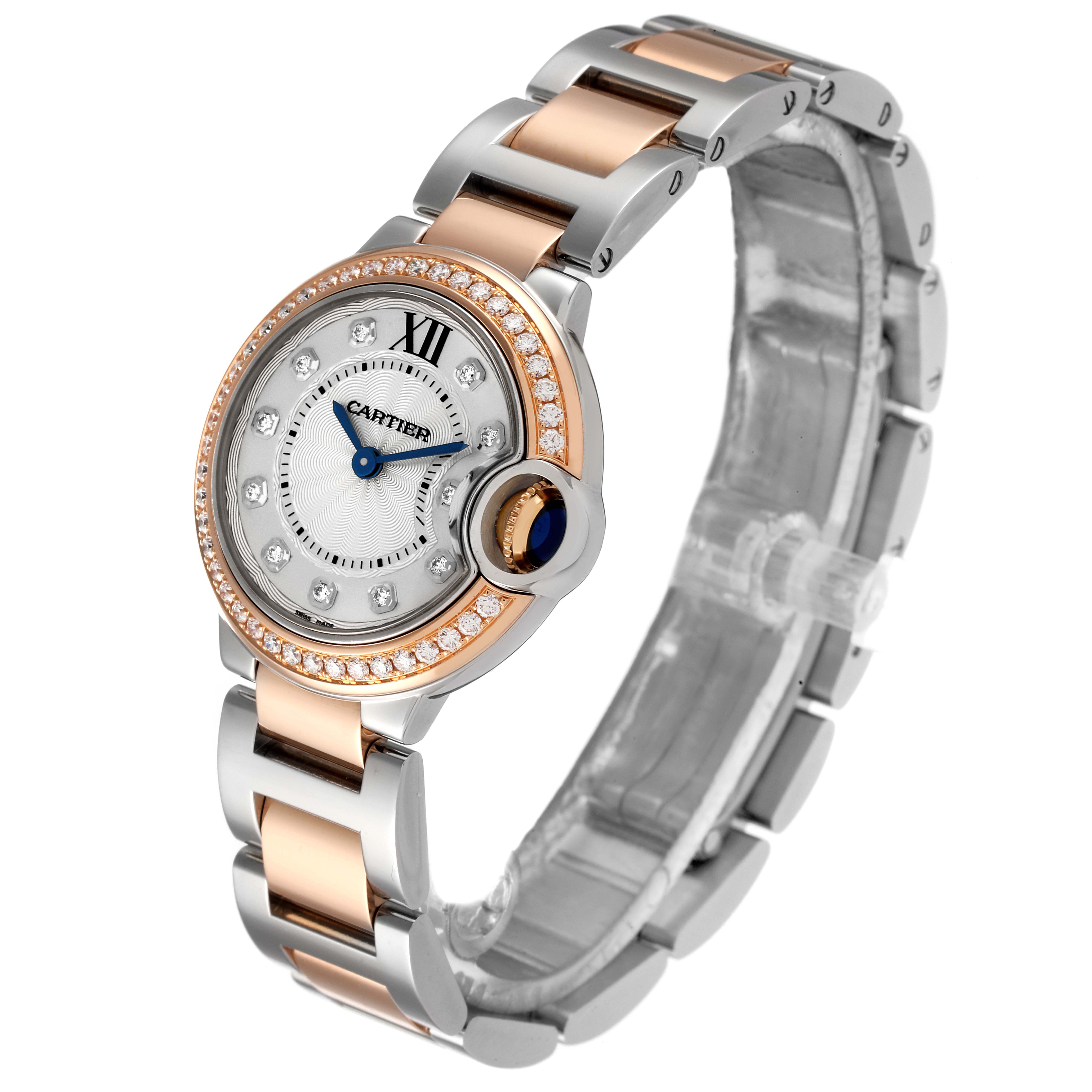 The image shows a Cartier Ballon Bleu W3BB0009 Women's Steel and Gold (two tone) Silver Dial W3BB0009 Women's Steel and Gold (two tone) Silver Dial watch at a three-quarter angle, showcasing the face, bracelet, and crown.