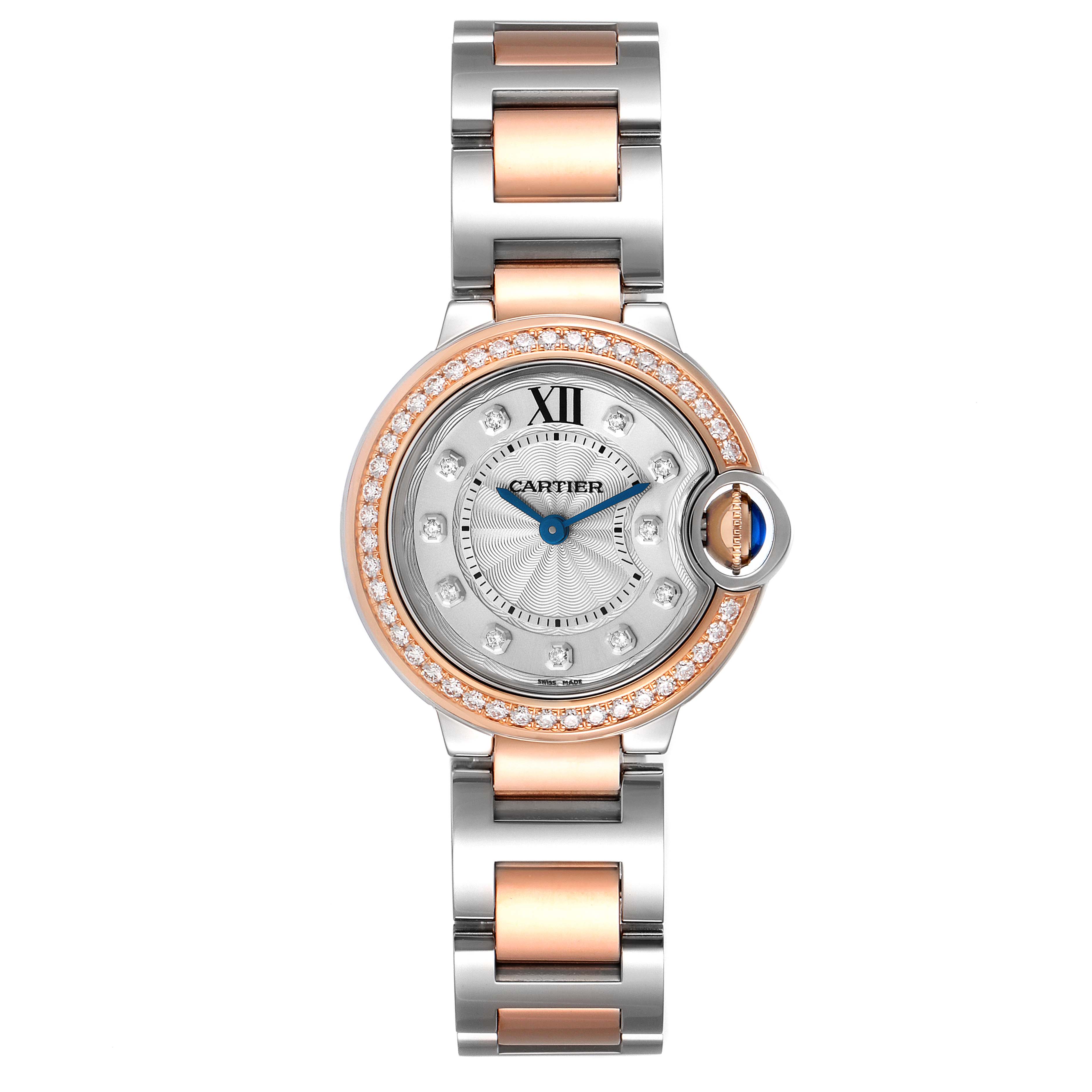 The image shows a Ballon Bleu de Cartier watch from a front angle, featuring a two-tone metal bracelet and a diamond-set bezel.