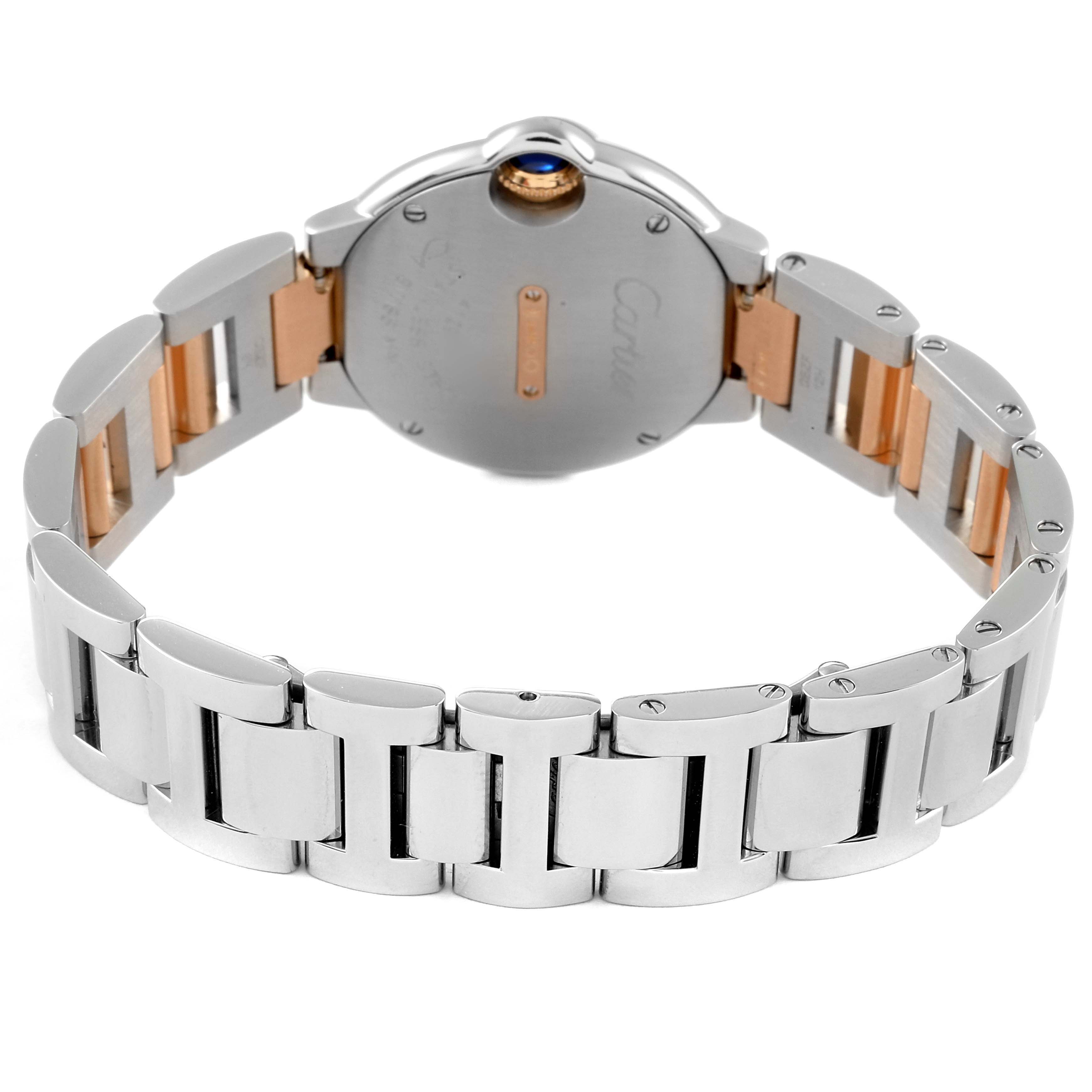 The image shows the back view of a Cartier Ballon Bleu W3BB0009 Women's Steel and Gold (two tone) Silver Dial W3BB0009 Women's Steel and Gold (two tone) Silver Dial watch, highlighting its two-tone metal bracelet and case back.
