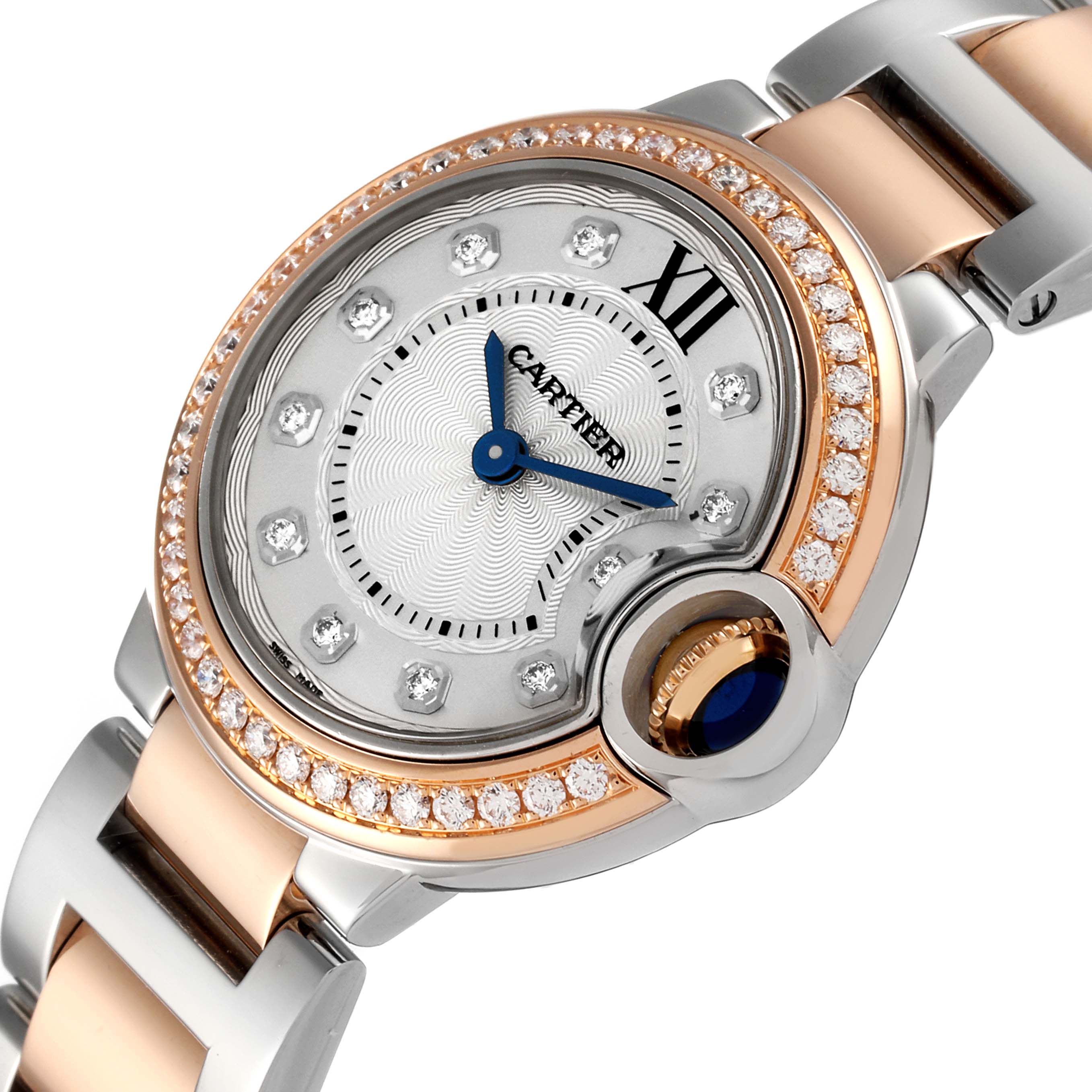 The image shows a close-up angle of a Cartier Ballon Bleu W3BB0009 Women's Steel and Gold (two tone) Silver Dial W3BB0009 Women's Steel and Gold (two tone) Silver Dial watch, focusing on the face, crown, and part of the bracelet.