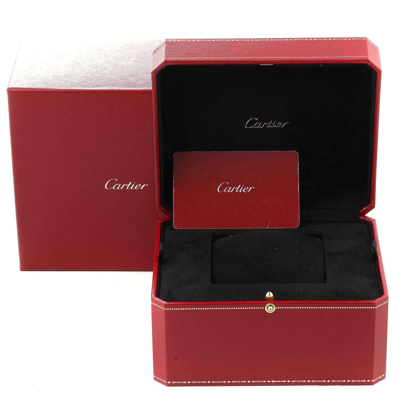 The image shows the opened red box for a Cartier Ballon Bleu W3BB0009 Women's Steel and Gold (two tone) Silver Dial W3BB0009 Women's Steel and Gold (two tone) Silver Dial watch, including a cushion and an accessory card.