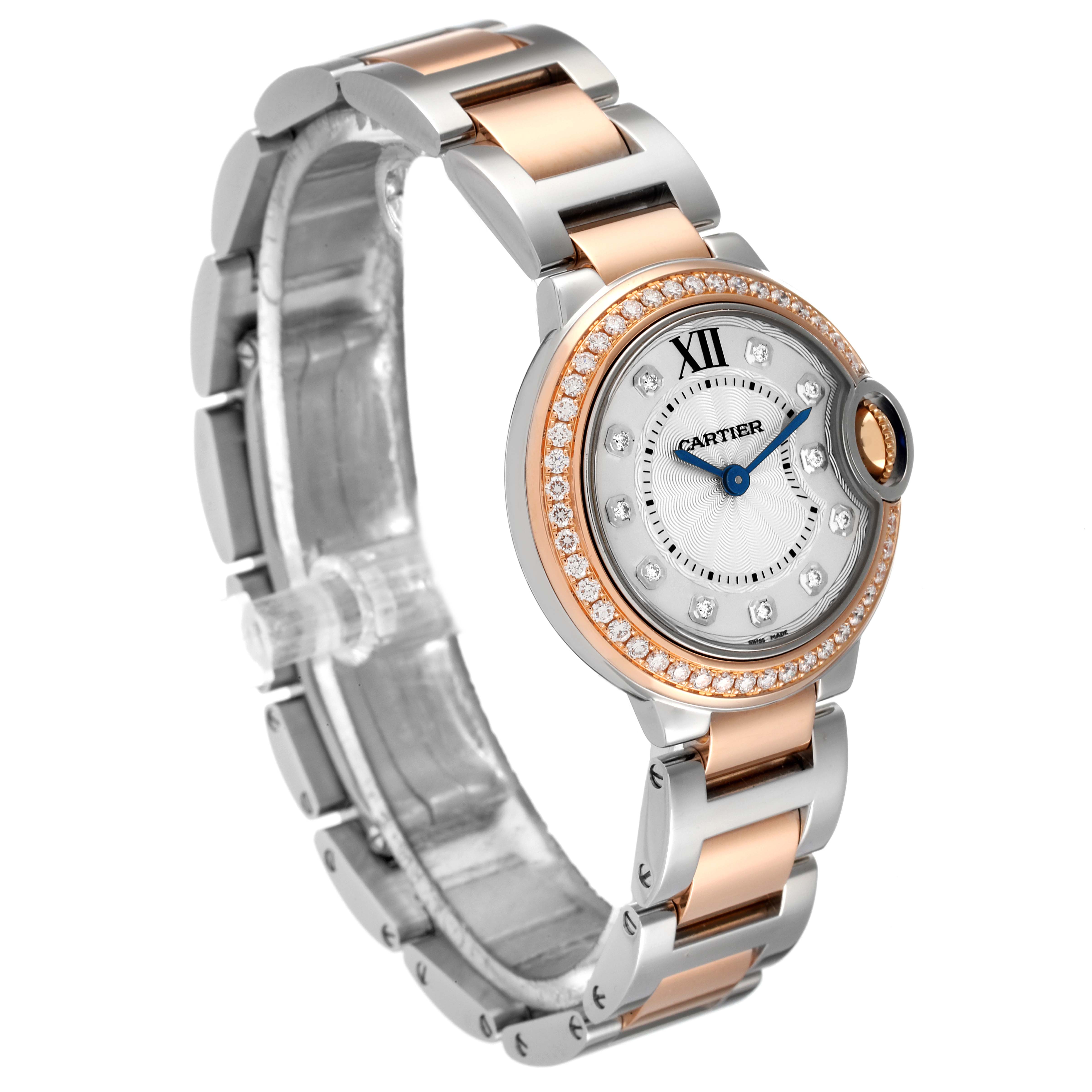 The image shows a Cartier Ballon Bleu W3BB0009 Women's Steel and Gold (two tone) Silver Dial W3BB0009 Women's Steel and Gold (two tone) Silver Dial watch angled from the left side, highlighting its two-tone bracelet and diamond-set bezel.