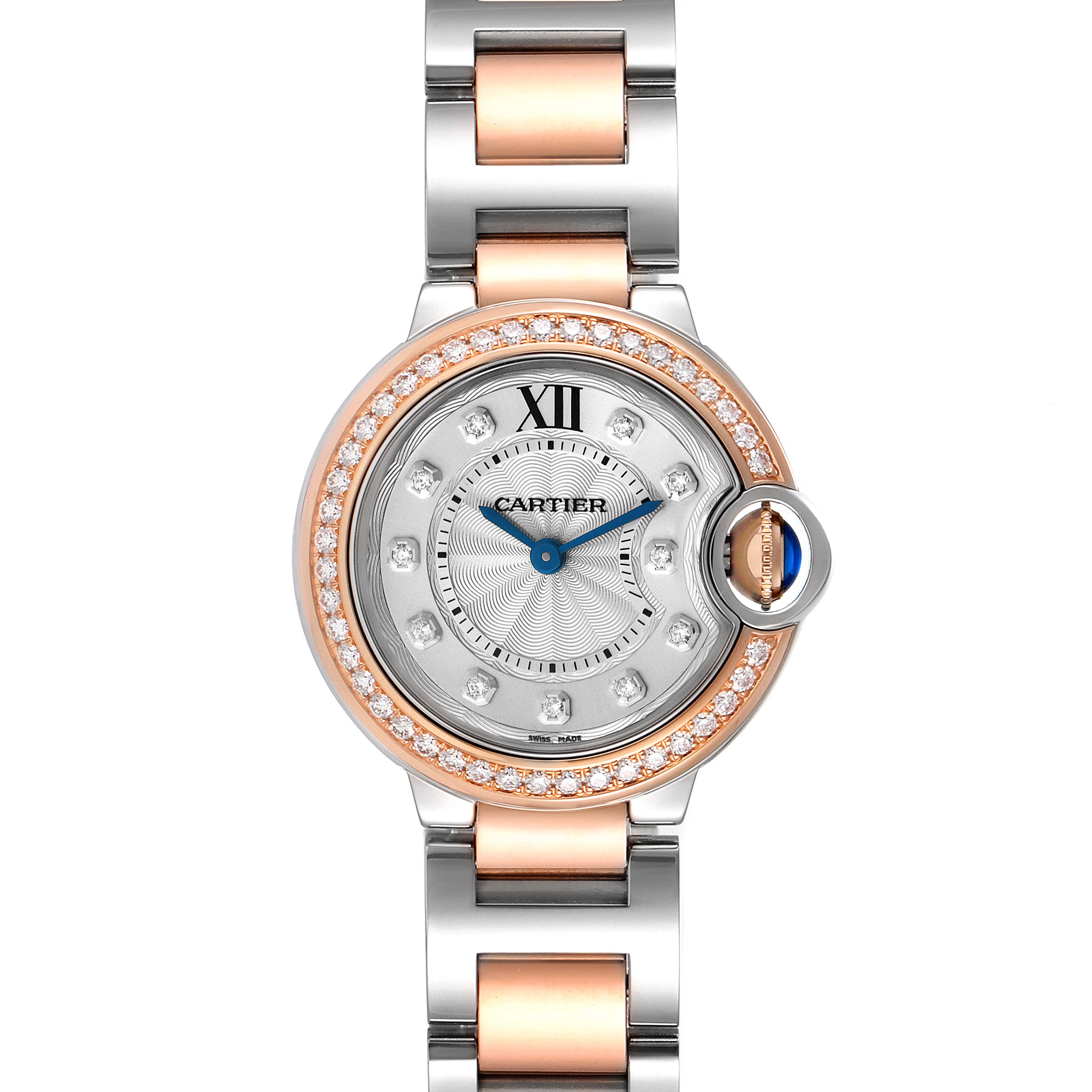 The image shows a Cartier Ballon Bleu W3BB0009 Women's Steel and Gold (two tone) Silver Dial W3BB0009 Women's Steel and Gold (two tone) Silver Dial model watch viewed from the front, displaying the full face and bracelet.