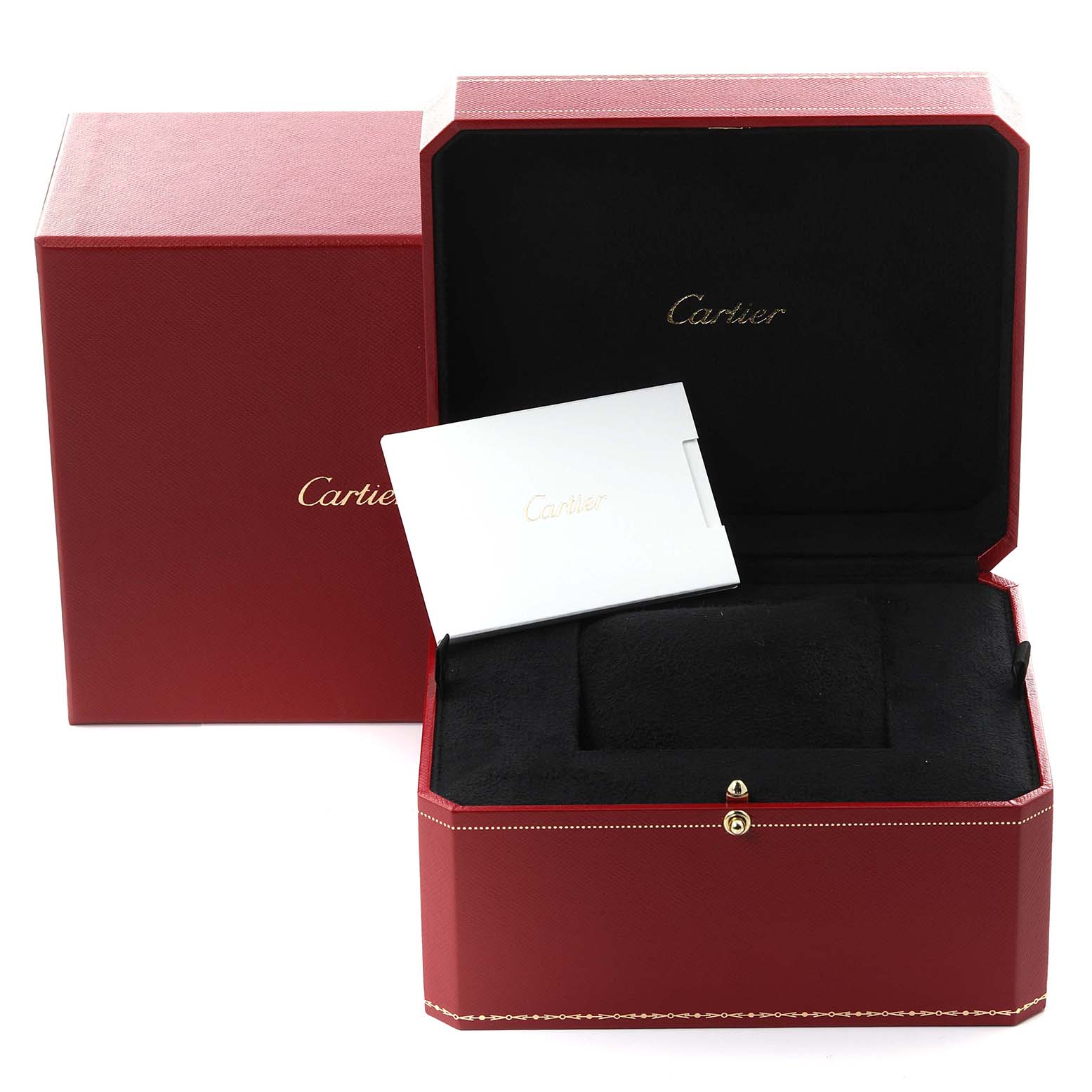 The image shows an open red Cartier box with a booklet, designed for the Calibre de Cartier model.