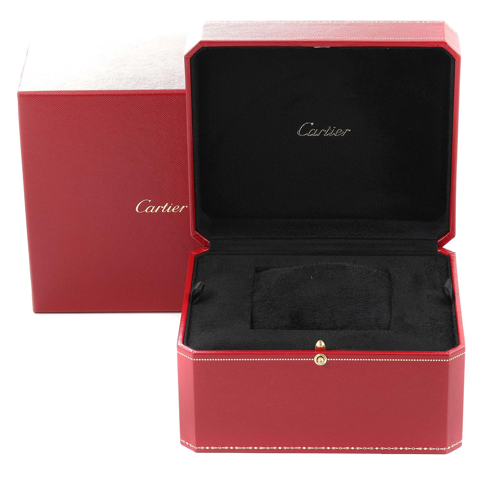 This image shows the open and closed presentation boxes for the Calibre de Cartier watch by Cartier, highlighting the luxurious packaging.