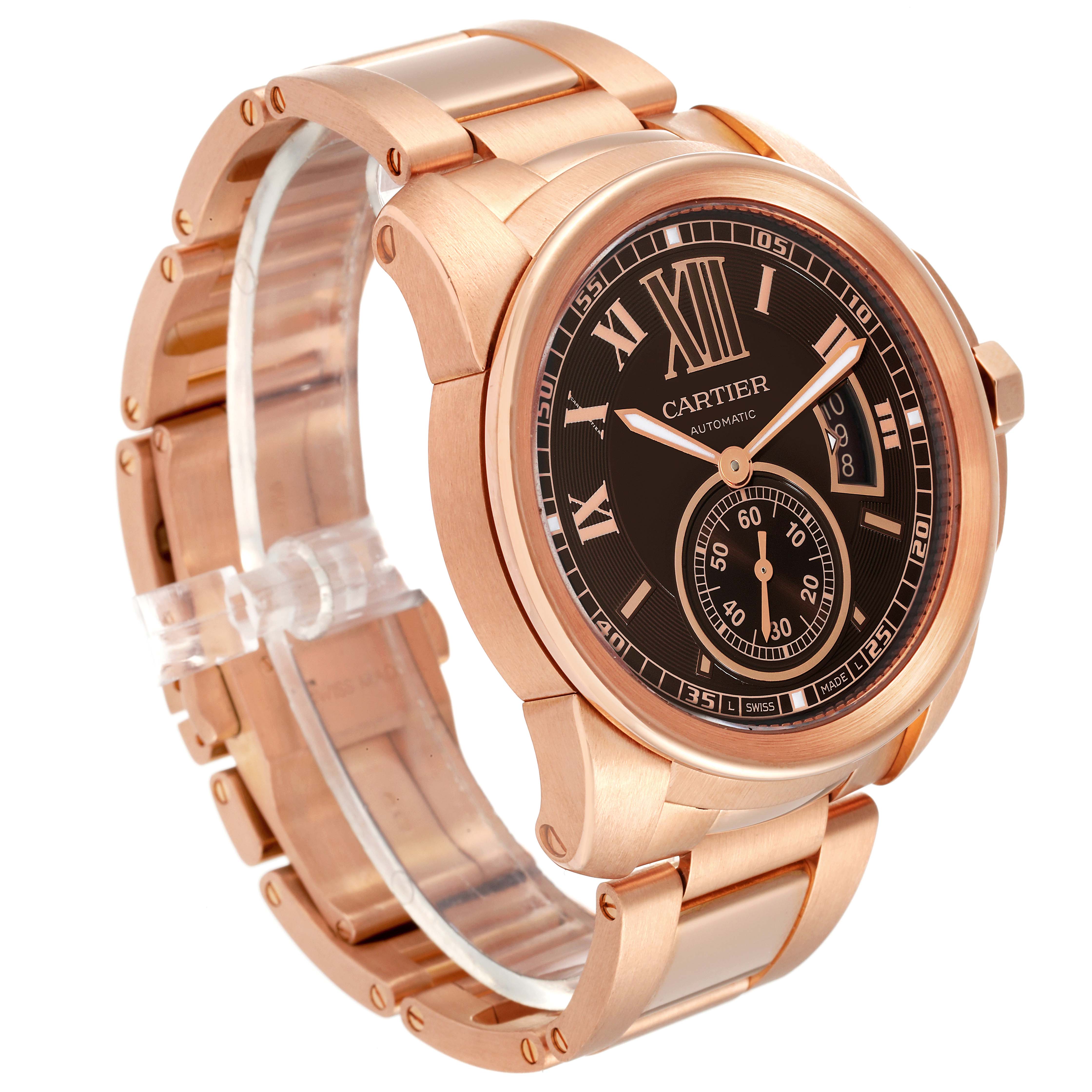 This image shows a Calibre de Cartier watch by Cartier at a three-quarter angle, highlighting the rose gold bracelet and black dial.