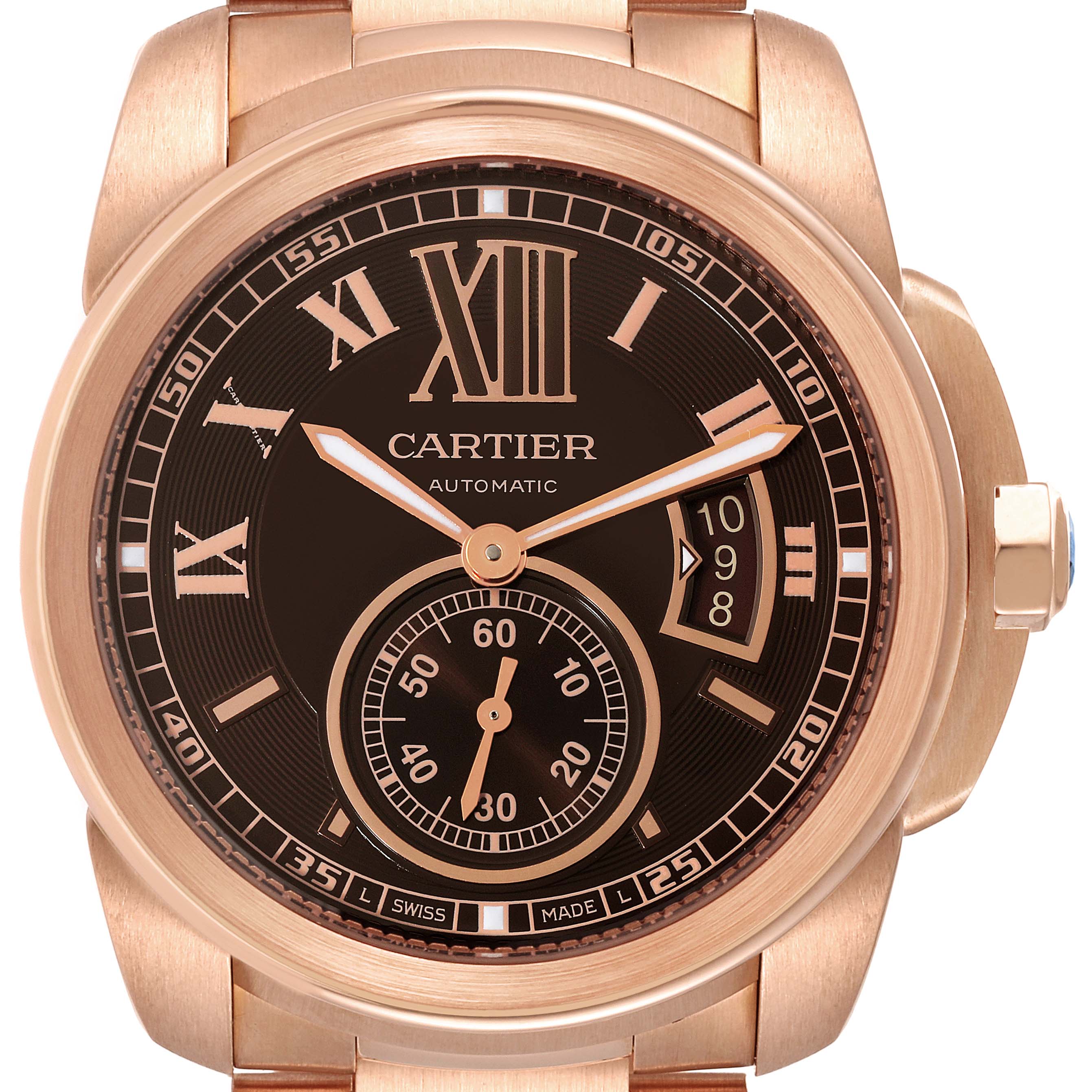 The image shows a front view of the Calibre de Cartier watch by Cartier, highlighting the dial, hands, and case.