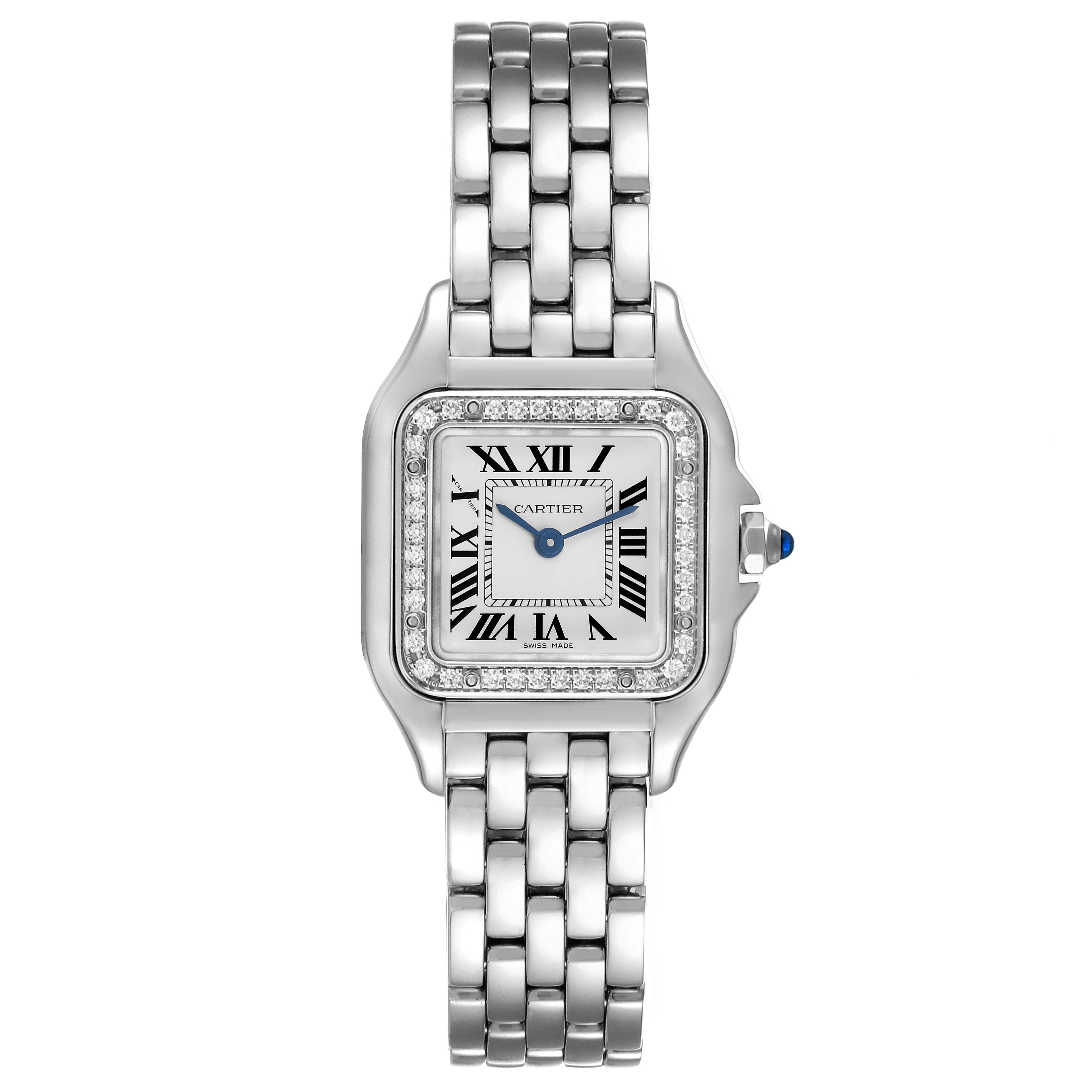 The Cartier Panthere W4PN0007 Women's Stainless Steel Silver Dial W4PN0007 Women's Stainless Steel Silver Dial watch is shown from the front, displaying the face, bezel, and bracelet.