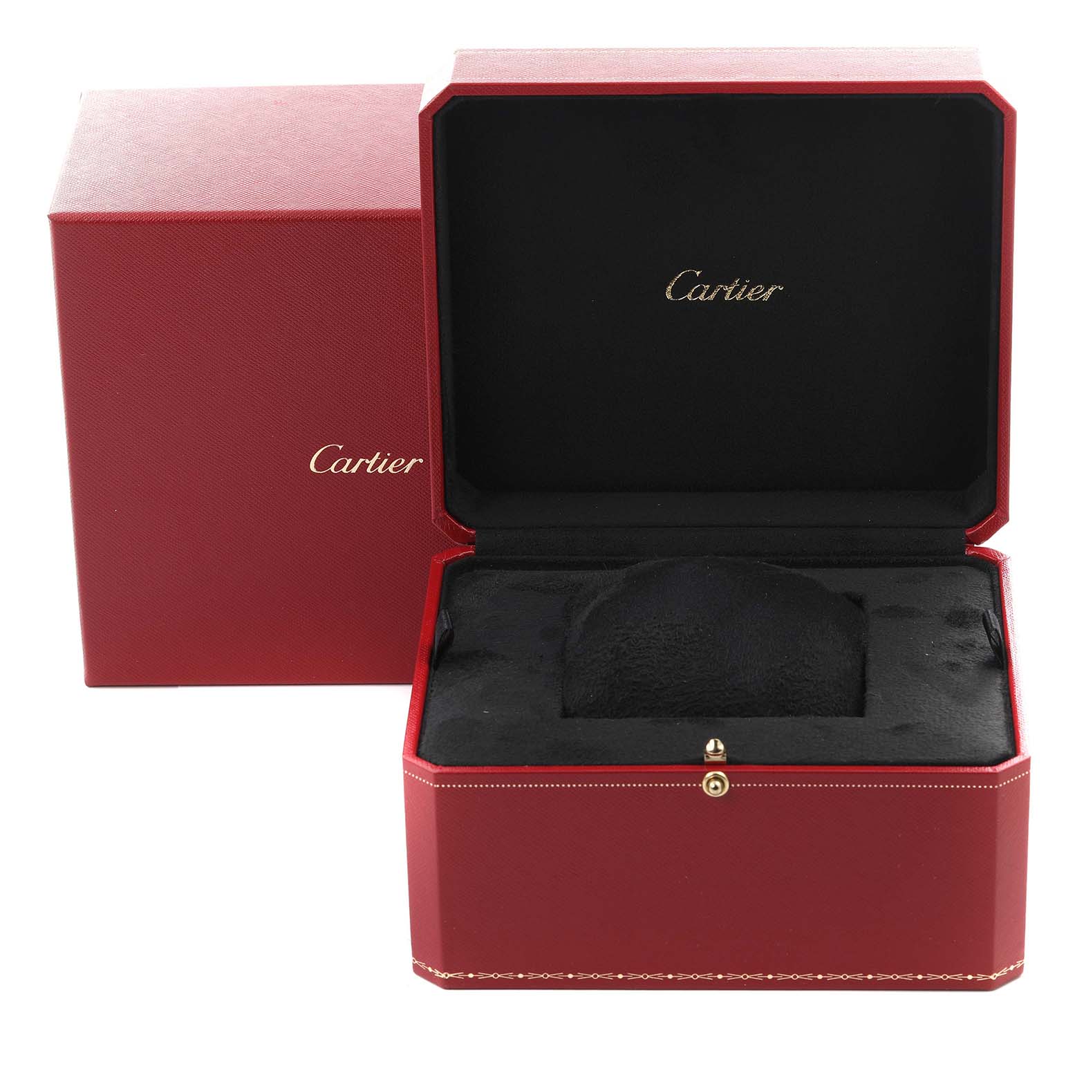 The image shows the packaging box for a Cartier Panthère watch, featuring an open red case with a plush interior.