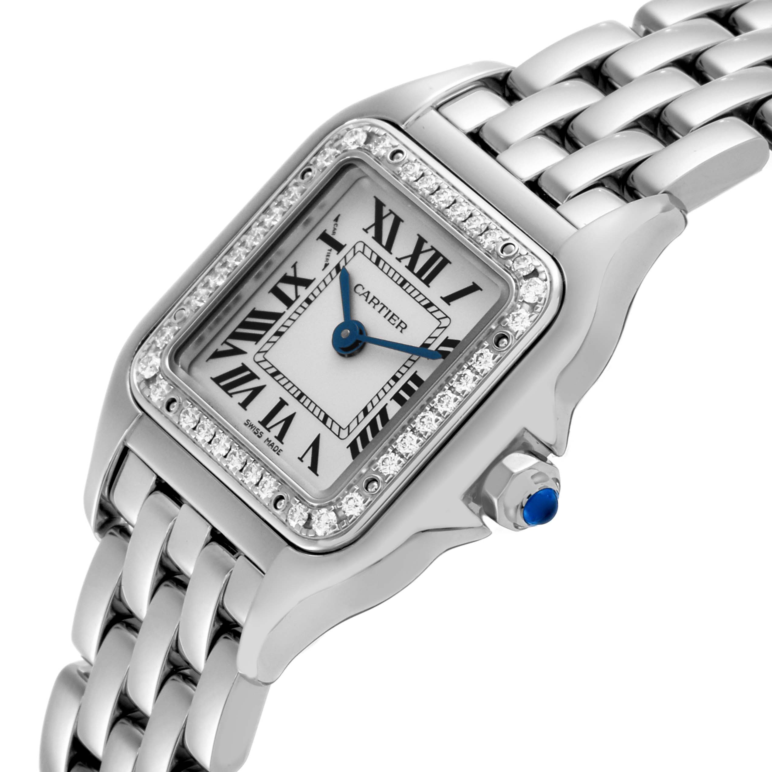 The Cartier Panthere W4PN0007 Women's Stainless Steel Silver Dial W4PN0007 Women's Stainless Steel Silver Dial watch is shown at an angled view, displaying its diamond bezel, Roman numeral dial, and metal bracelet.