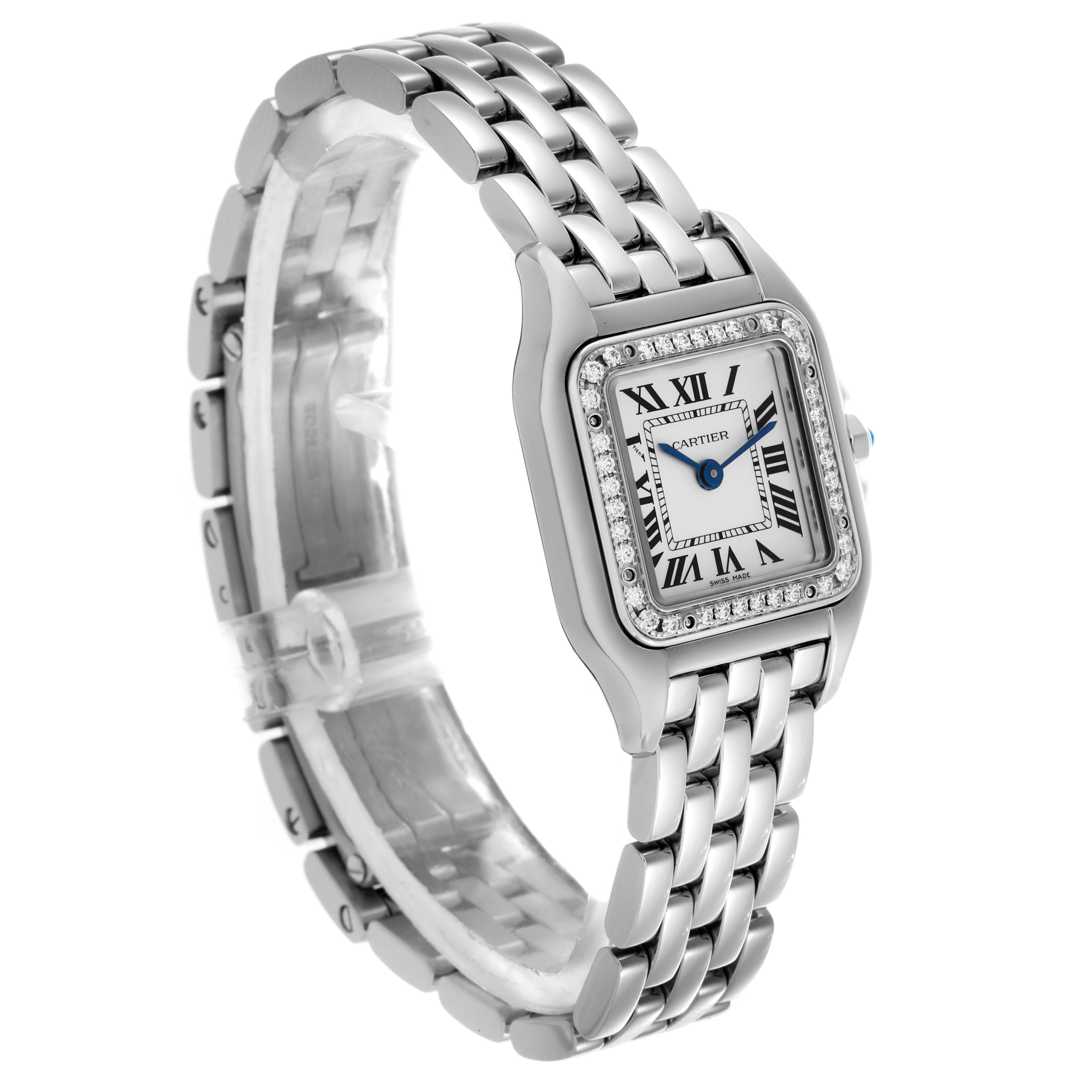 The Cartier Panthere W4PN0007 Women's Stainless Steel Silver Dial W4PN0007 Women's Stainless Steel Silver Dial watch is shown at an angled side view, displaying its face, bracelet, and bezel.