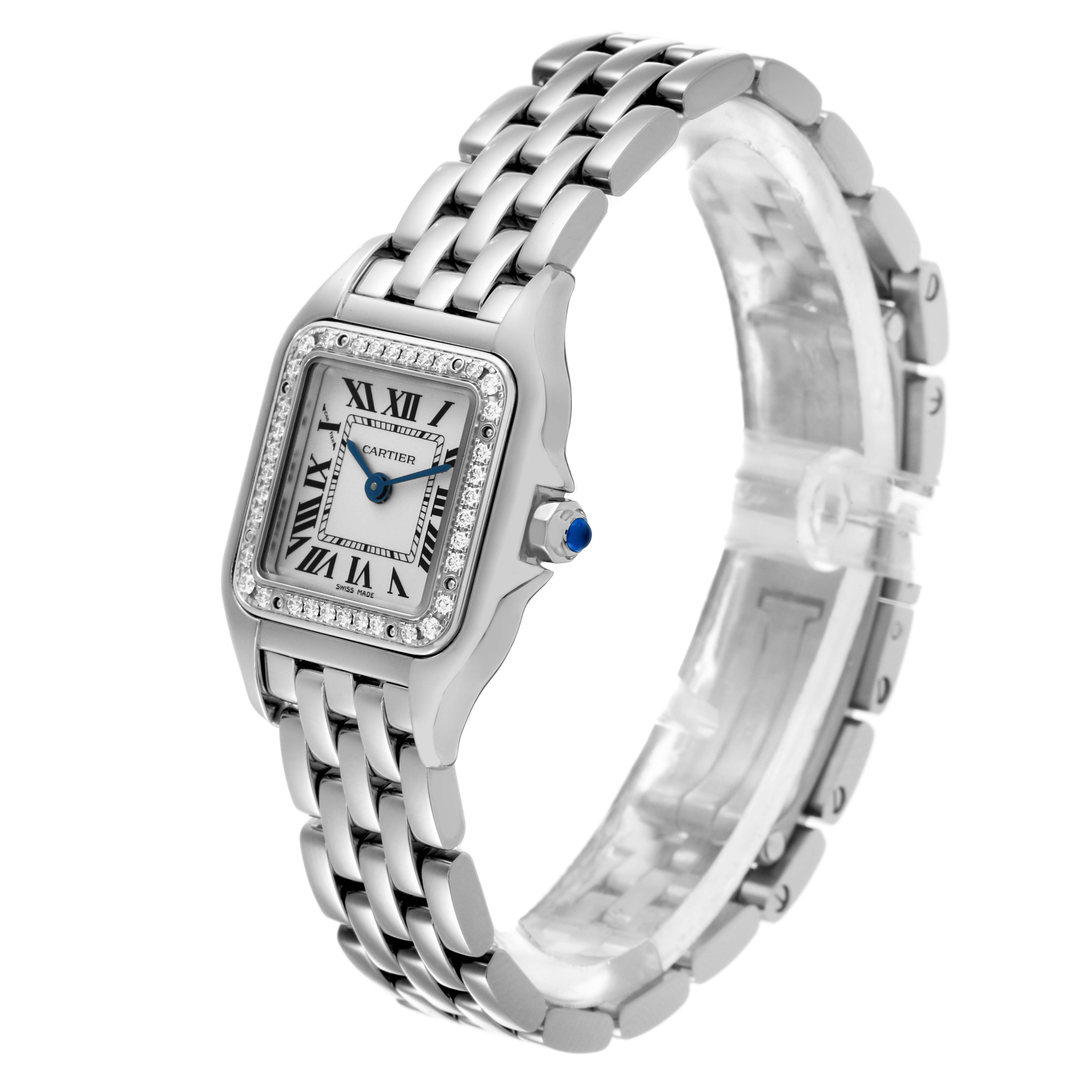 The Cartier Panthere W4PN0007 Women's Stainless Steel Silver Dial W4PN0007 Women's Stainless Steel Silver Dial watch is shown at a three-quarter angle, displaying the face, bracelet, and crown.